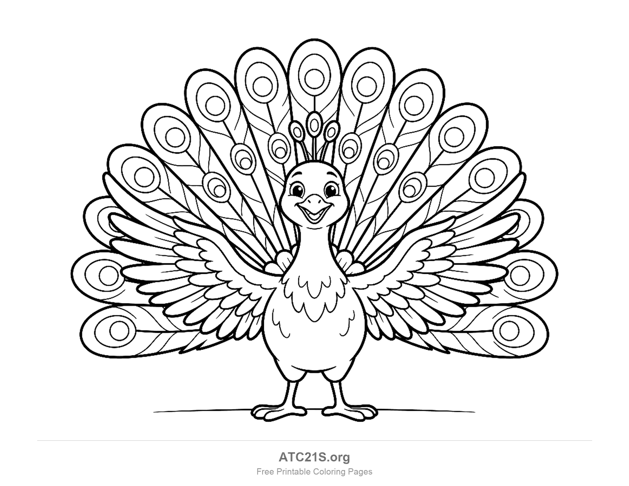 Smiling cartoon peacock standing with both wings spread and a fanned train of large eyespot feathers, printable coloring page