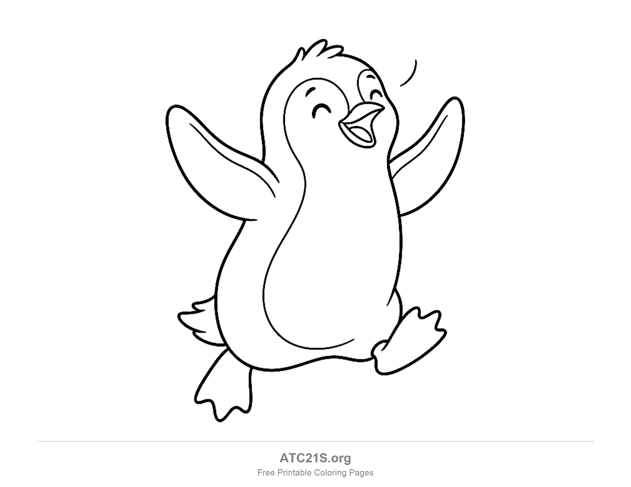 Cute cartoon penguin jumping with both flippers raised, eyes closed and a happy open beak, printable coloring page