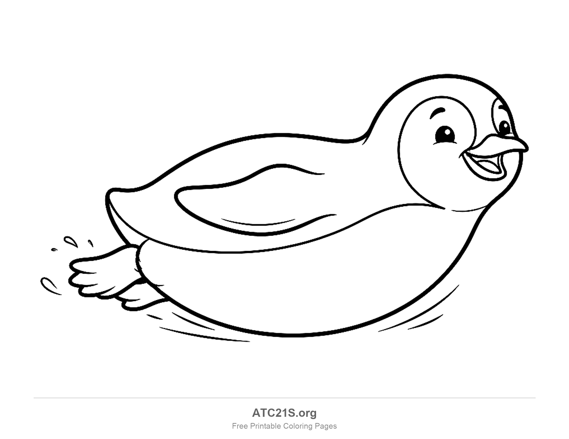 Cute penguin sliding on its belly with a smile, kicking feet and water droplets, coloring page for preschoolers