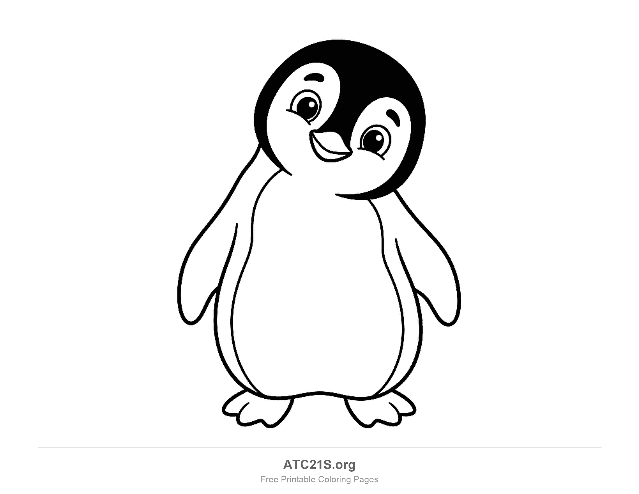 Cute cartoon penguin standing with its head tilted and a black cap, simple coloring page for kids