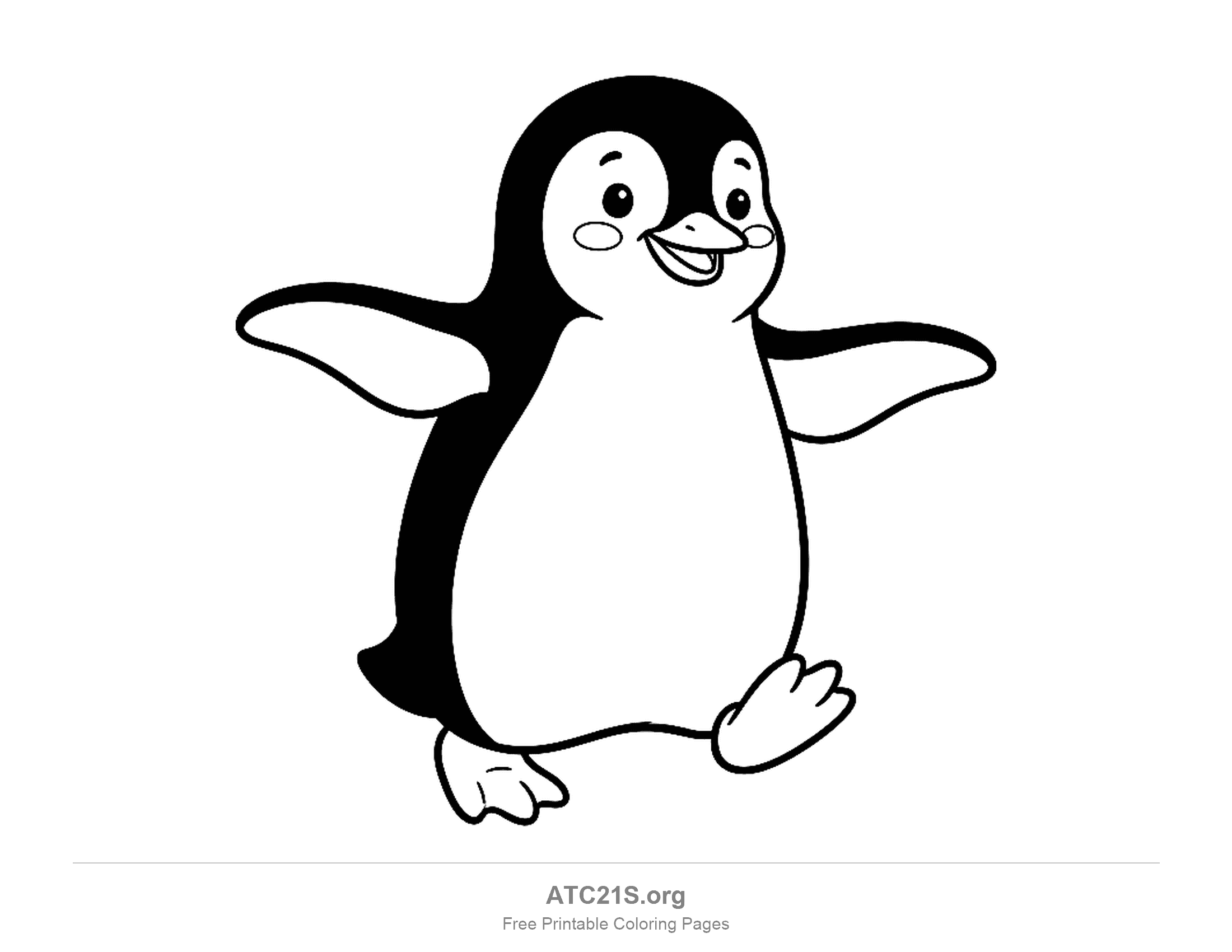 Cute penguin waddling with flippers out, one foot lifted and a smiling face with rosy cheeks, coloring page to print