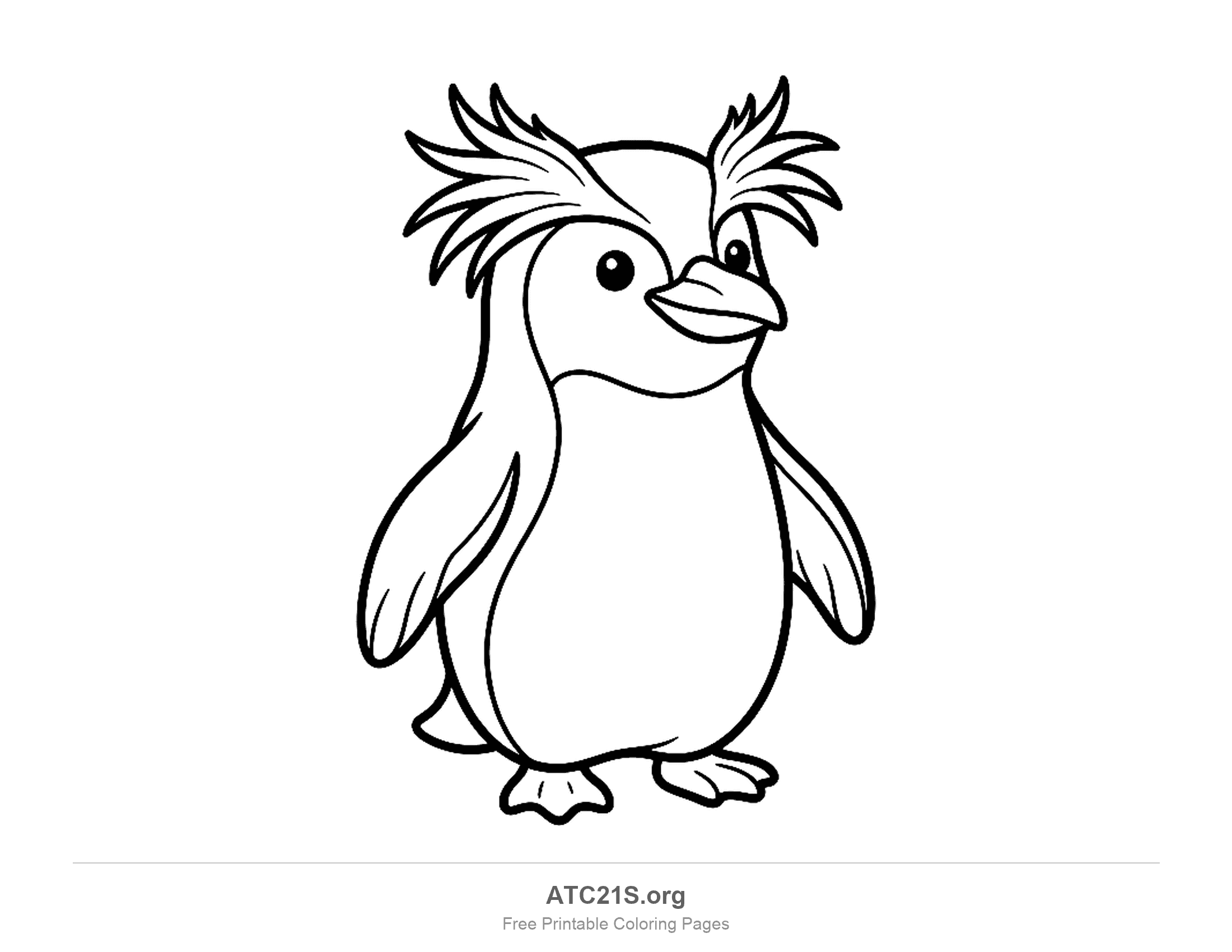 Rockhopper penguin standing with spiky crested feathers on both sides of its head, coloring page