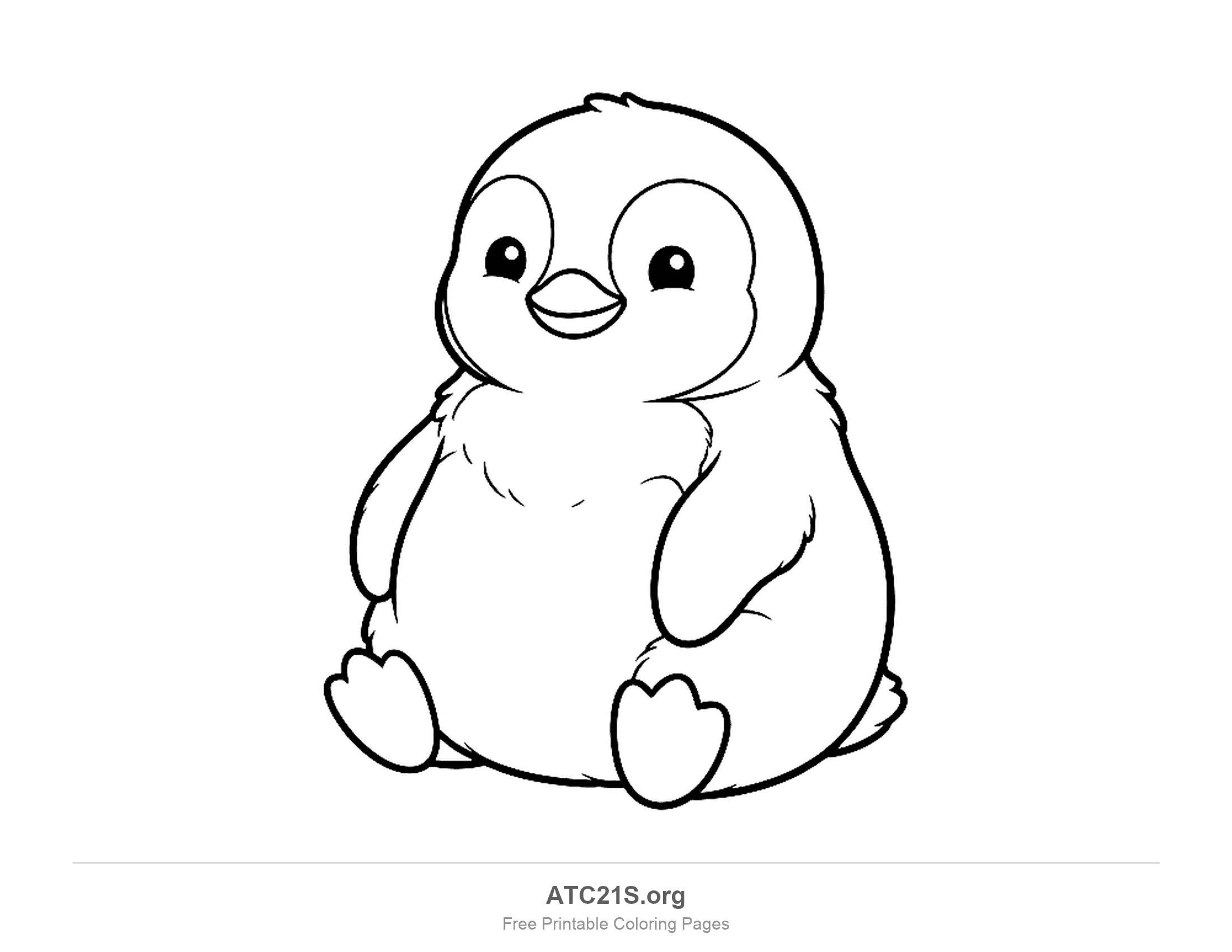 Fluffy baby penguin chick sitting with downy feathers and big round eyes, detailed coloring page for older kids