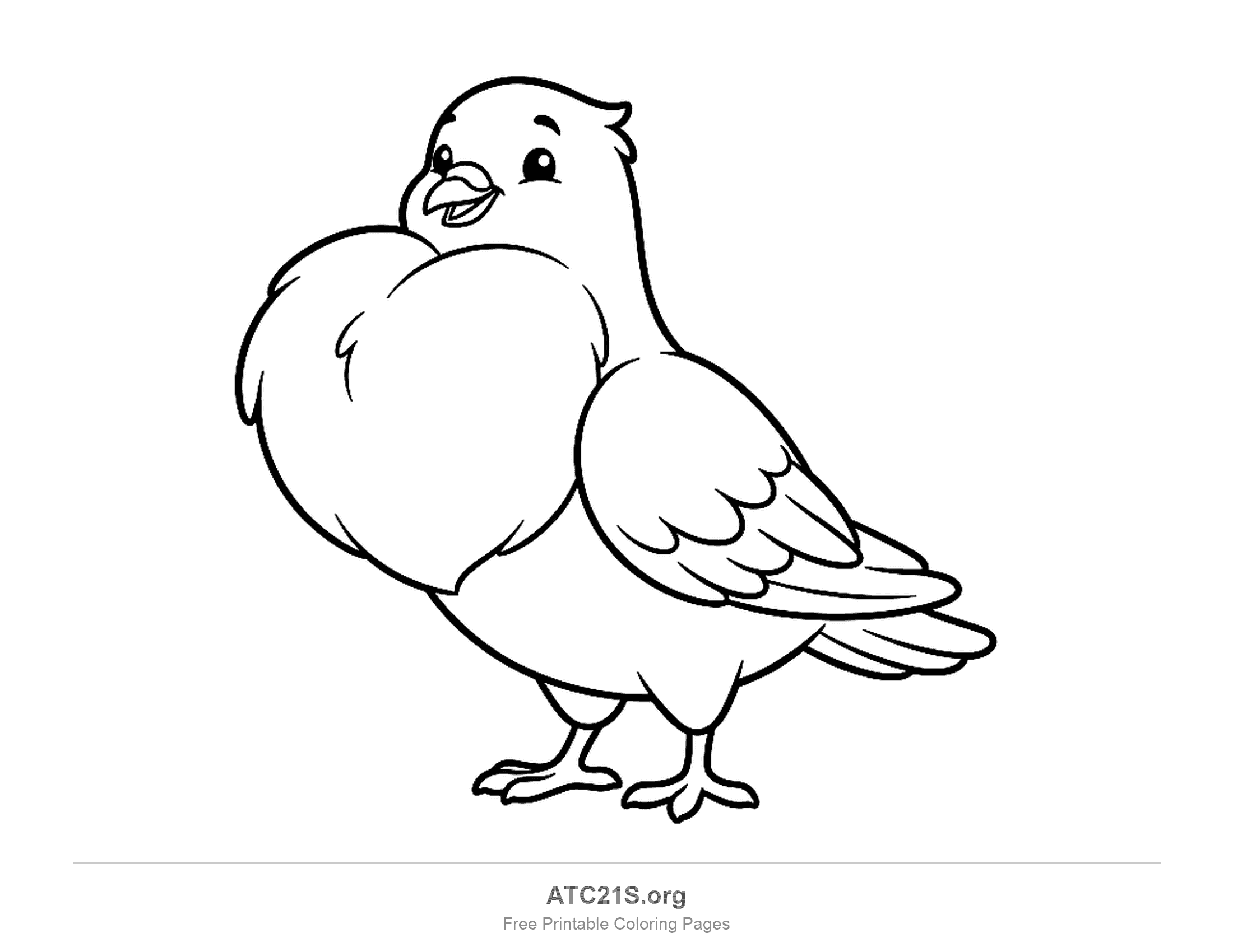 Cute cartoon pigeon standing with a hugely puffed-up chest, a smiling open beak and folded wings, printable coloring page
