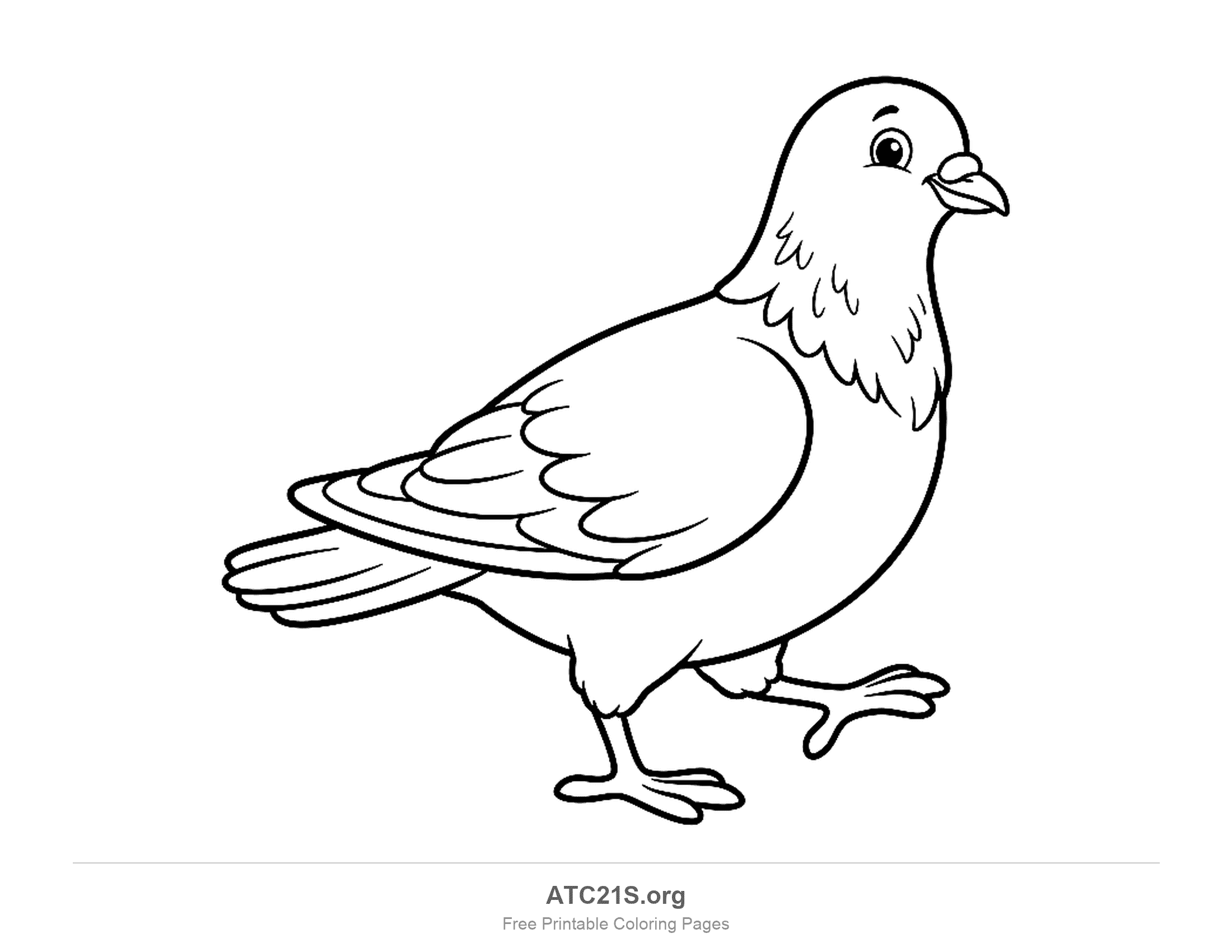 Cartoon pigeon walking in side view with one foot forward, a neck ruff and layered wing feathers, coloring page to print