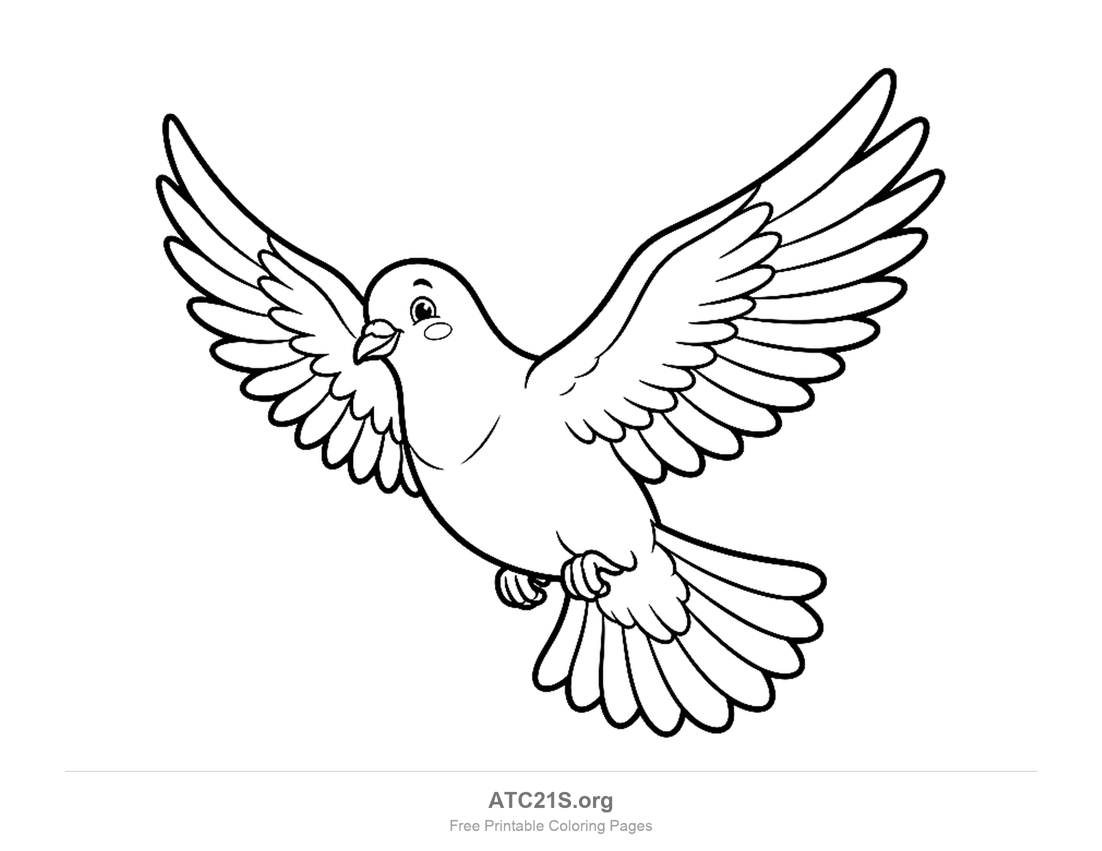 Pigeon flying with both wings fully spread, a fanned tail and tucked feet, detailed coloring page for older kids
