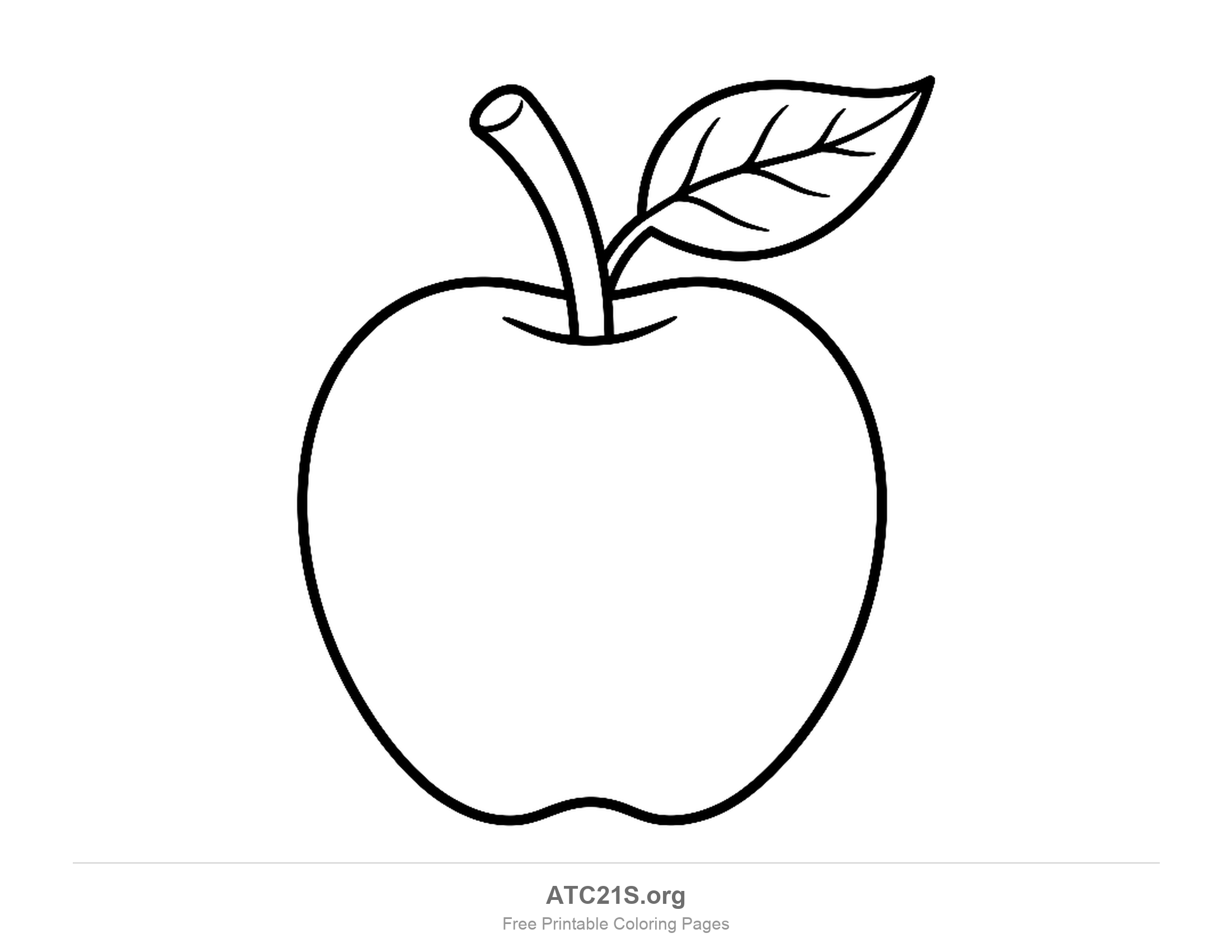 Plain whole apple with a bent stalk and a single veined leaf, thick outlines and open space inside, simple coloring page for kids