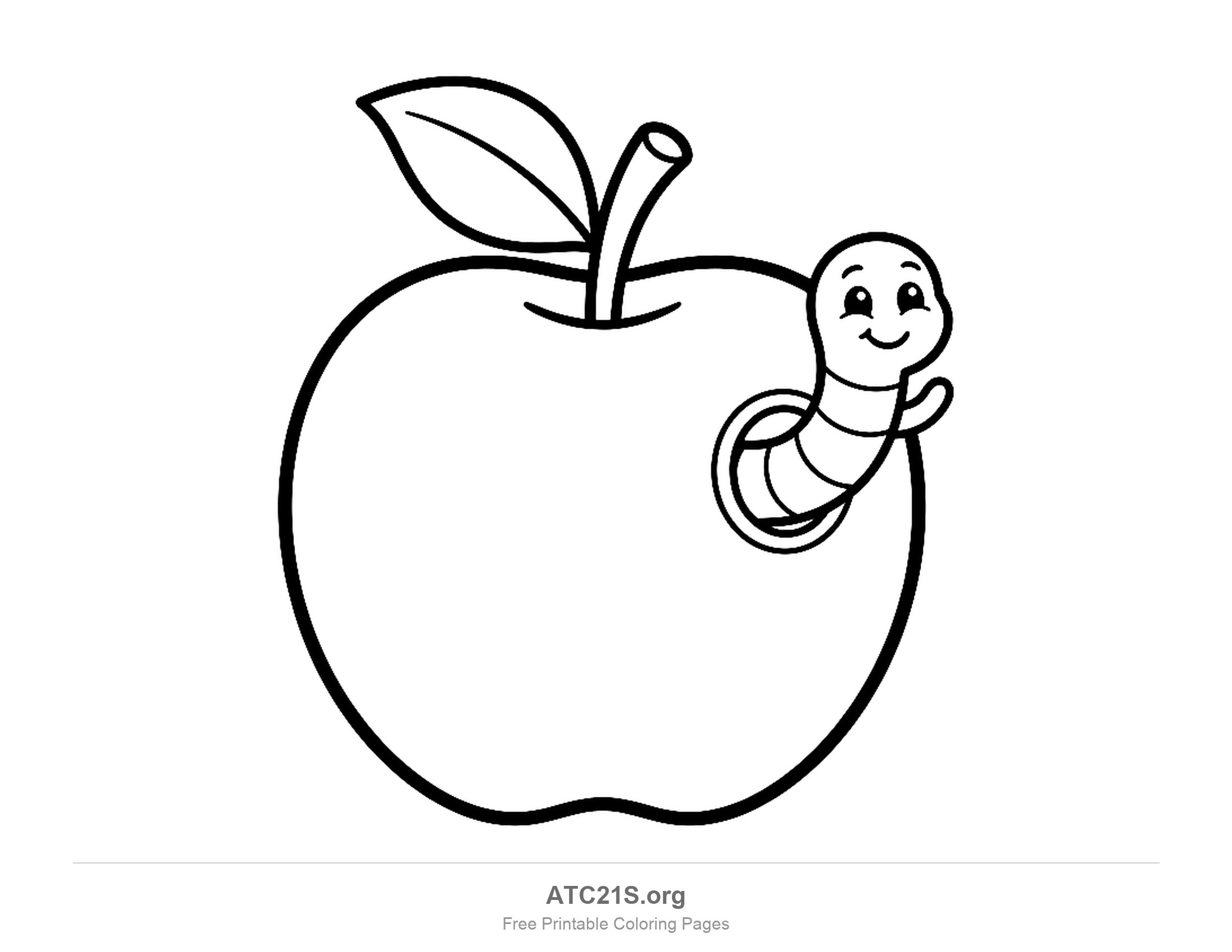 Whole apple with a smiling cartoon worm looping out of one side and back in again, cute coloring page for preschoolers
