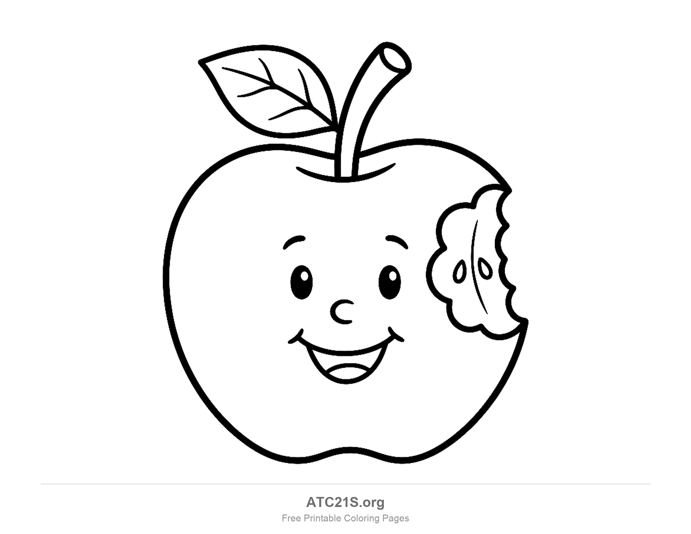 Cartoon apple with big eyes and a wide grin and a scalloped bite missing from one side showing two seeds, printable coloring page