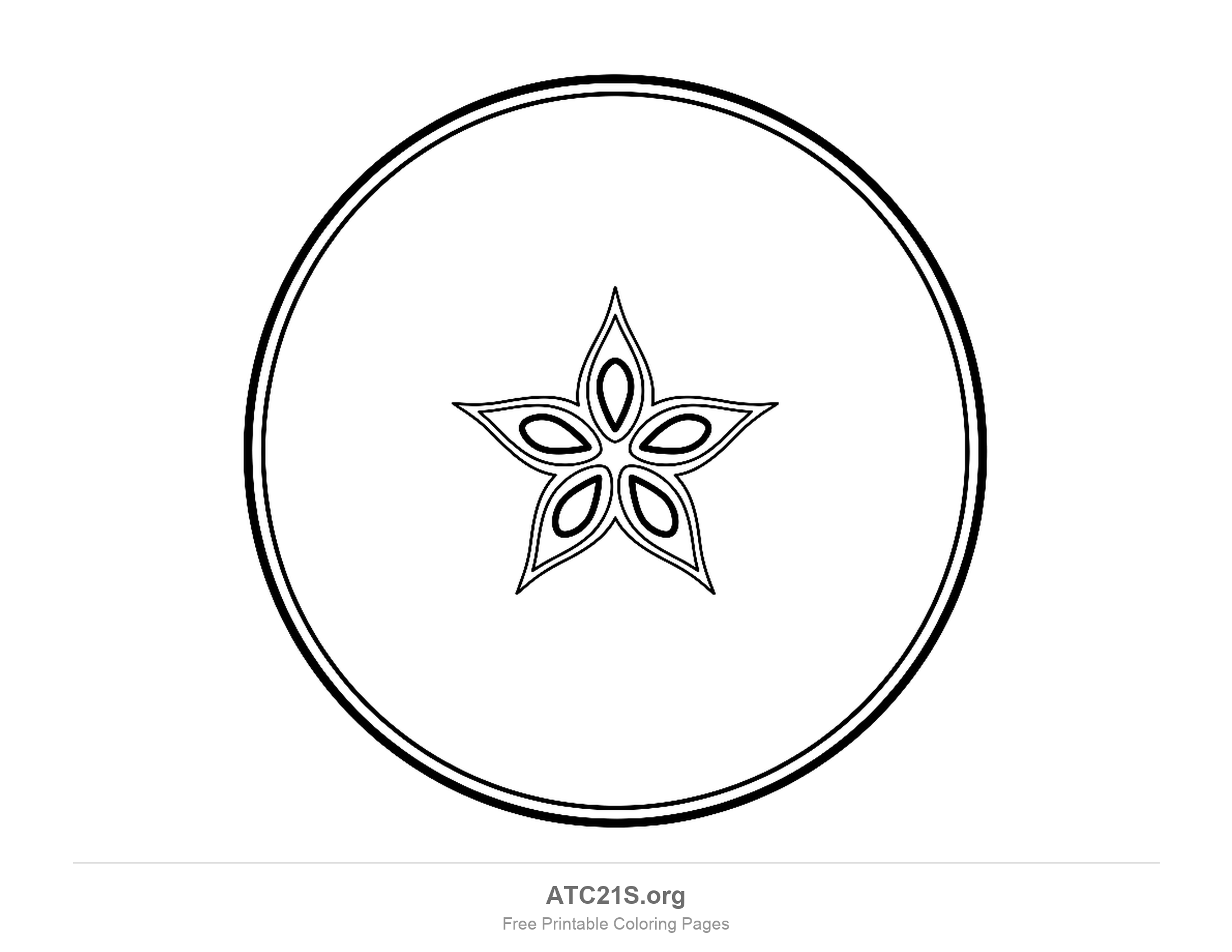 Apple sliced across the middle so the seed pockets form a five-pointed star inside a wide plain circle, coloring page for kids