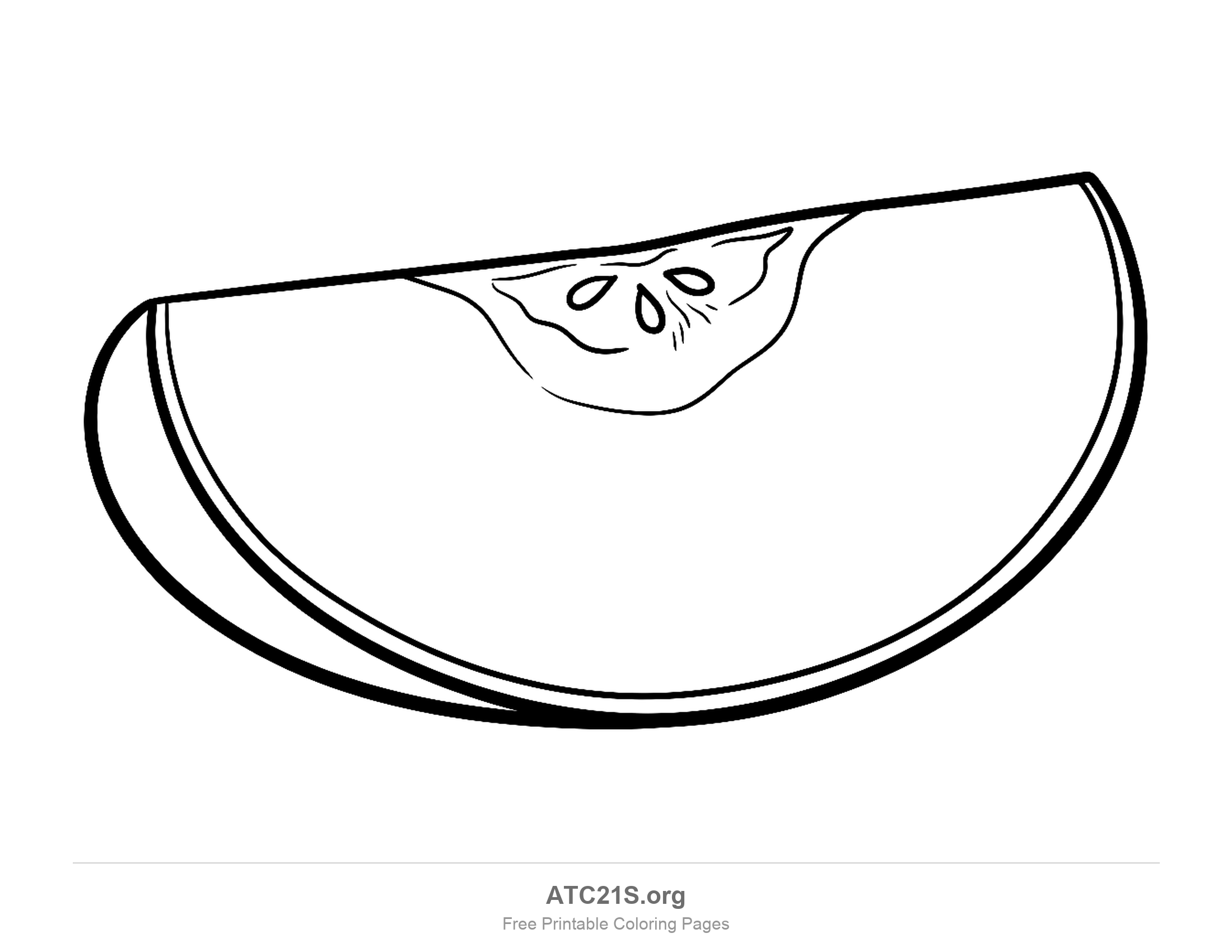 Thick crescent apple wedge with a banded skin edge and fine feathery lines around three seeds at the core, detailed coloring page for older kids