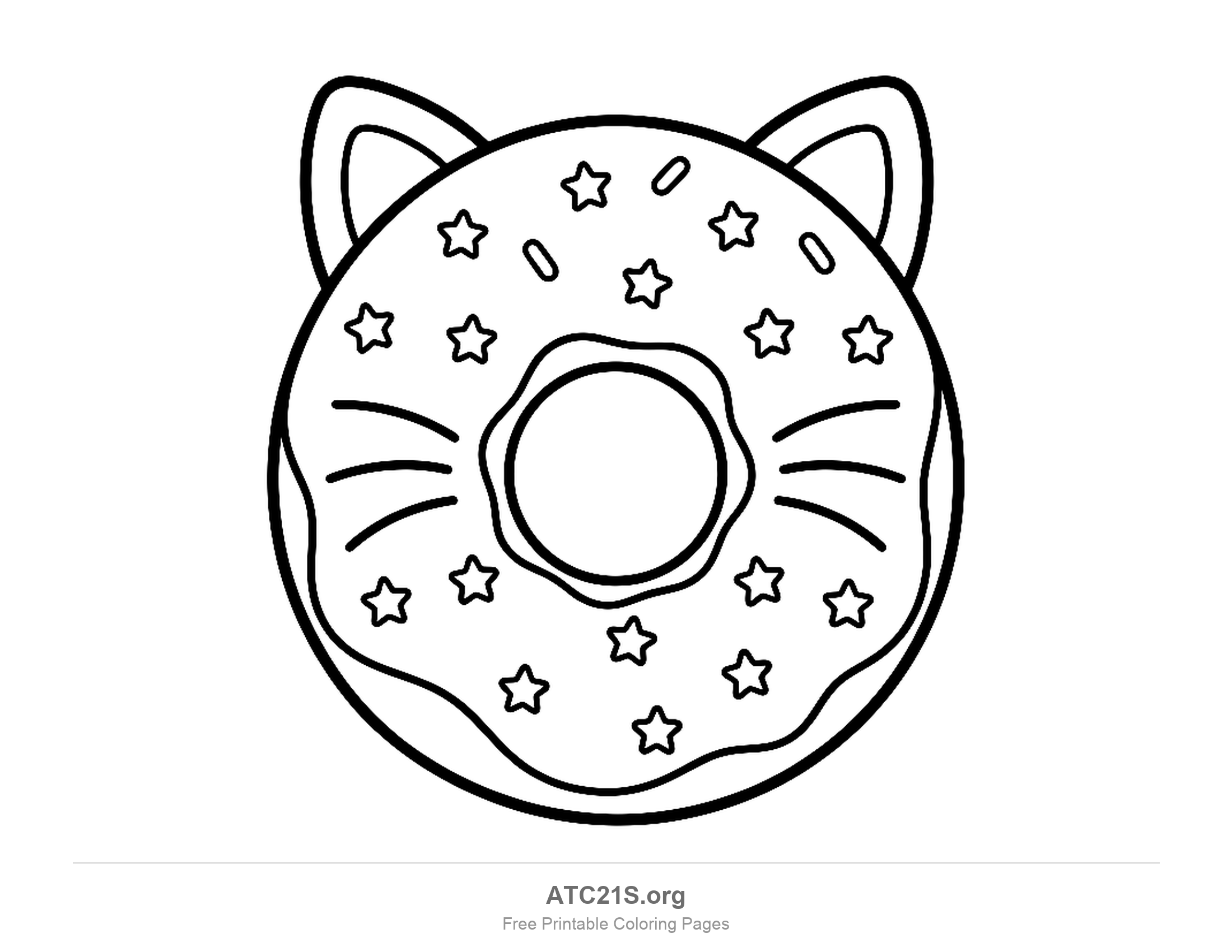 Round donut with pointed cat ears, drawn-on whiskers and star-shaped sprinkles across the icing, cute coloring page for preschoolers