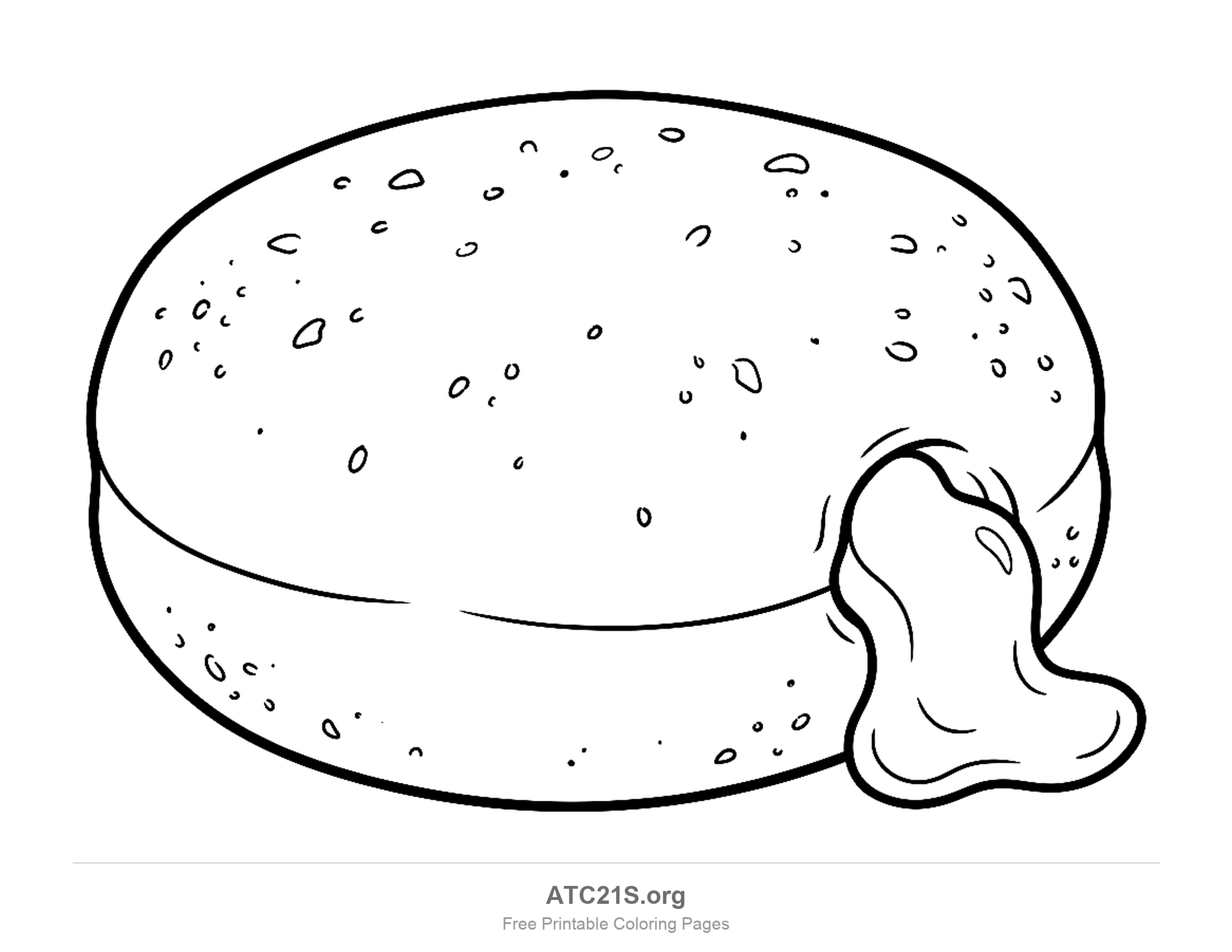 Plain round filled donut dusted with sugar grains, with a blob of jam squeezing out of one side, simple coloring page to print