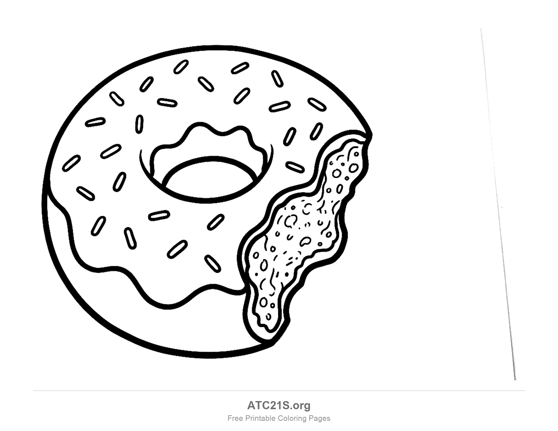 Sprinkled ring donut with a big bite taken out of one side showing the crumbly inside, printable coloring page for kids