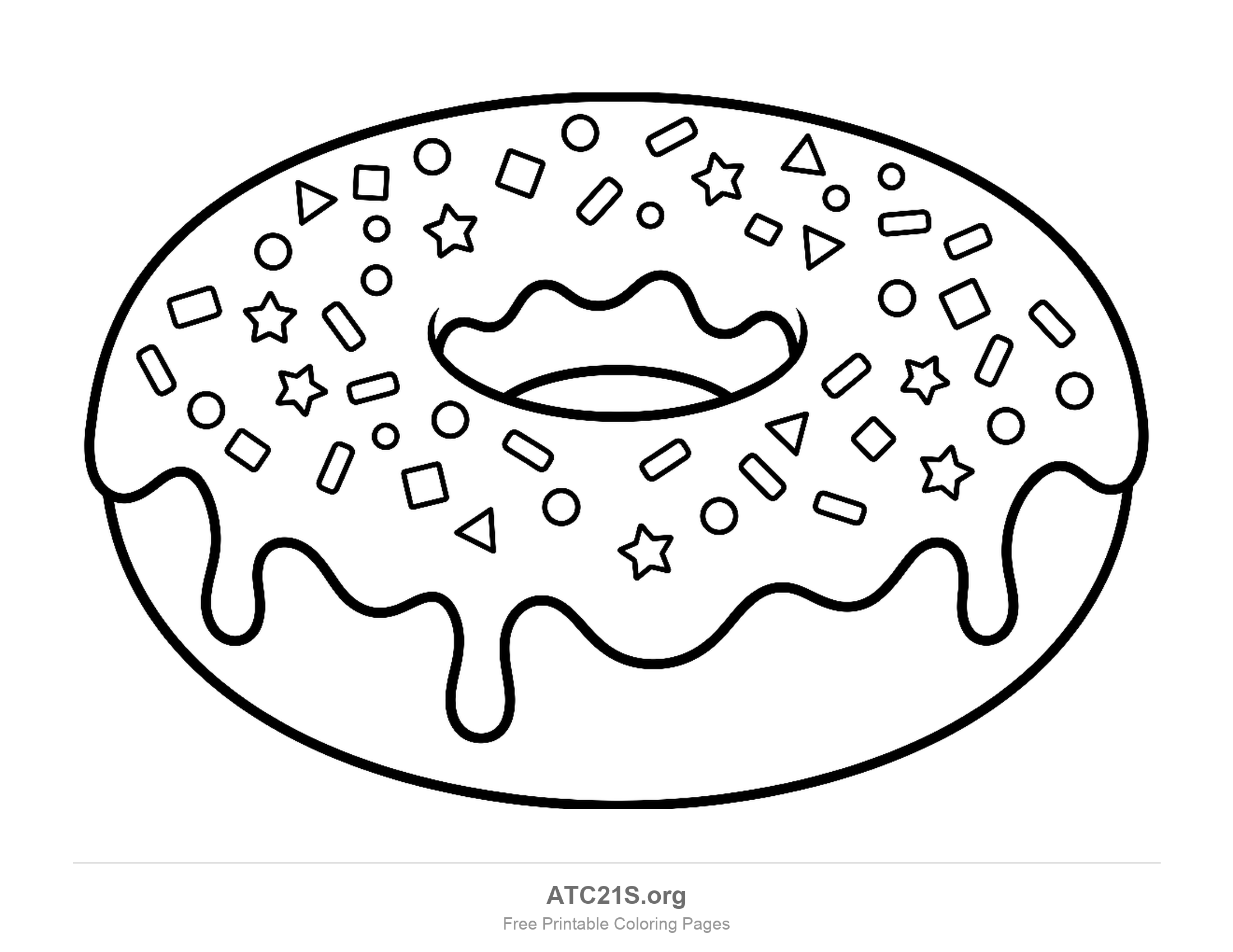 Wide ring donut with drippy icing and sprinkles shaped like stars, circles, squares and triangles, coloring page for kids