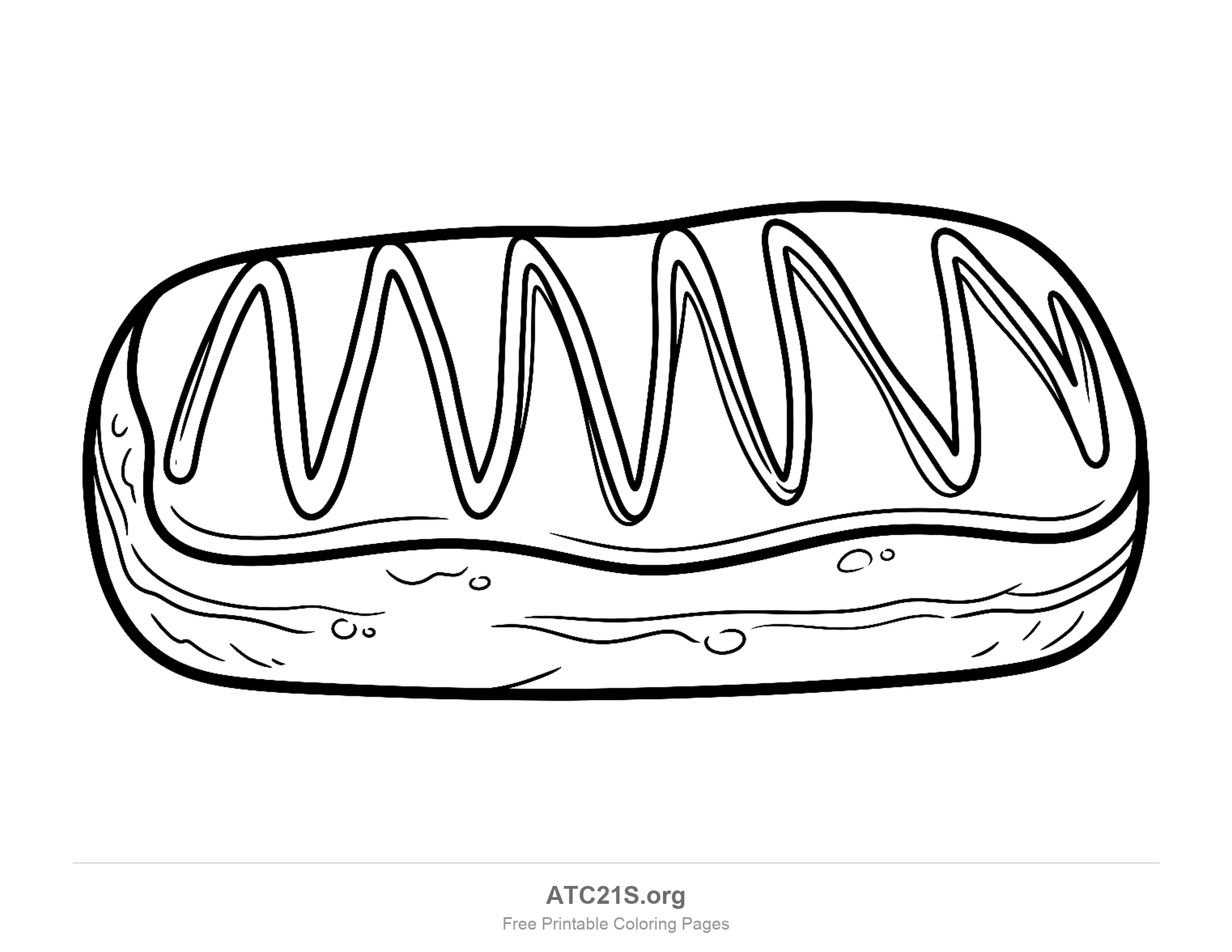 Long rectangular bar donut topped with icing and a zigzag drizzle running from end to end, coloring page to print