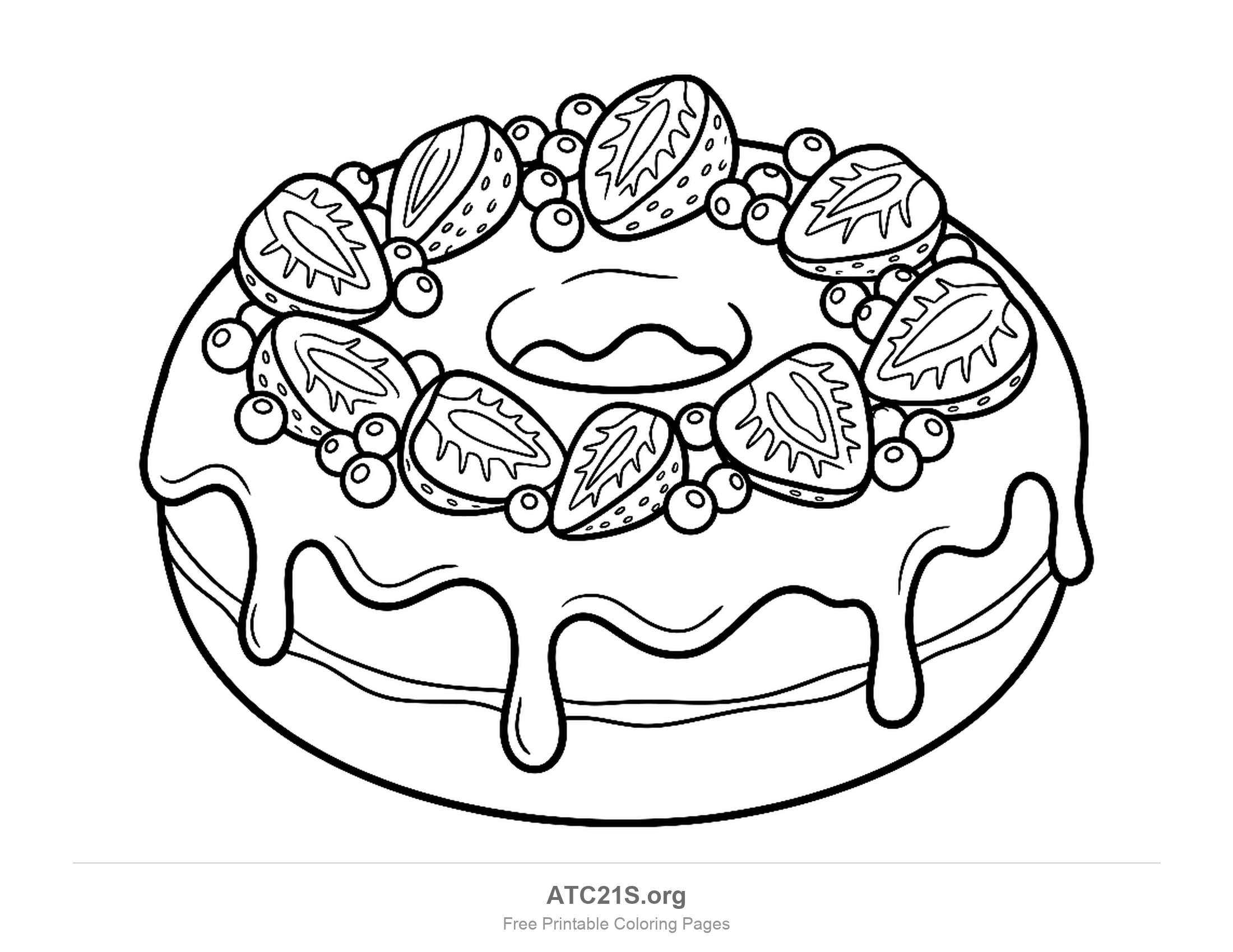 Ring donut with icing dripping down the sides, crowned with halved strawberries and small round berries, detailed coloring page for older kids