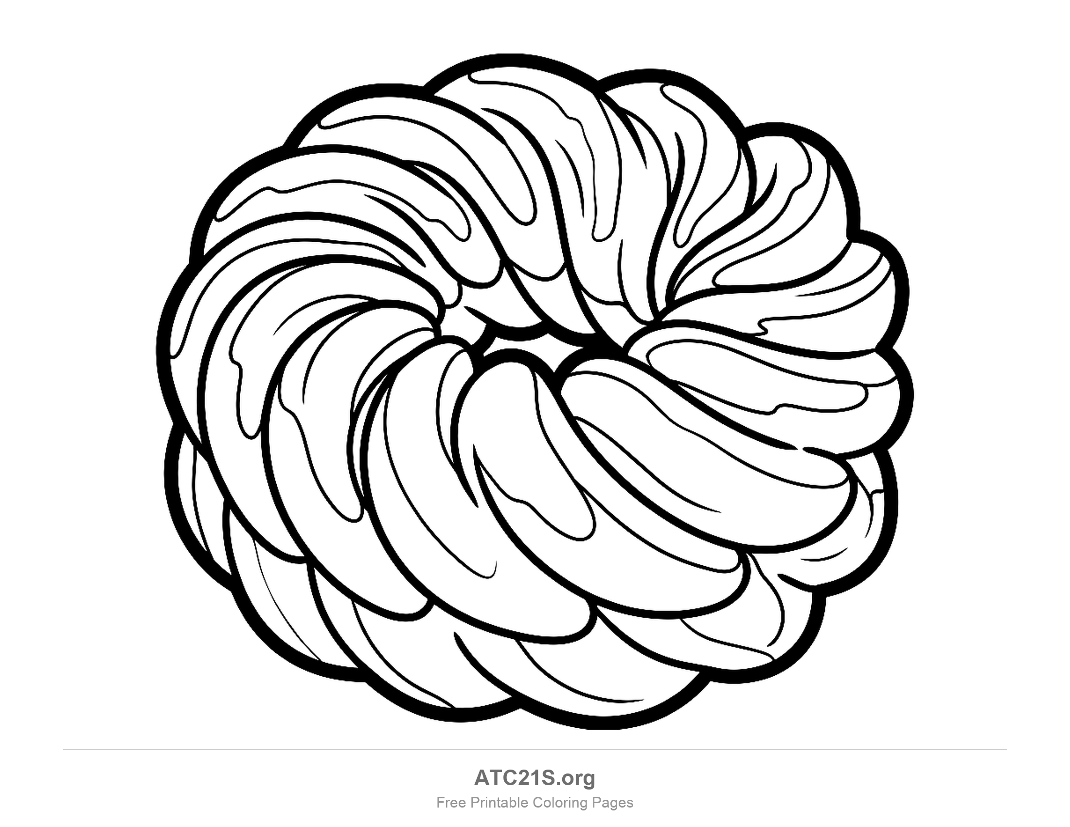 French cruller donut built from thick twisted ridges spiralling all the way around the ring, finely detailed coloring page