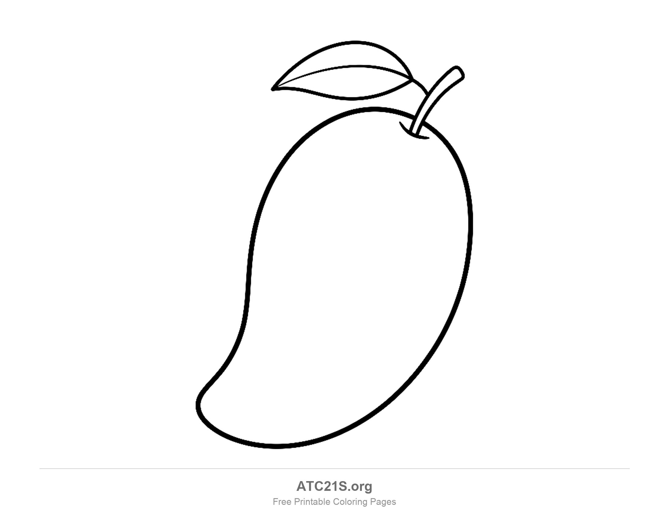 Plain curved mango standing upright with a bent stem and one small pointed leaf, thick outlines and open space inside, simple coloring page for kids