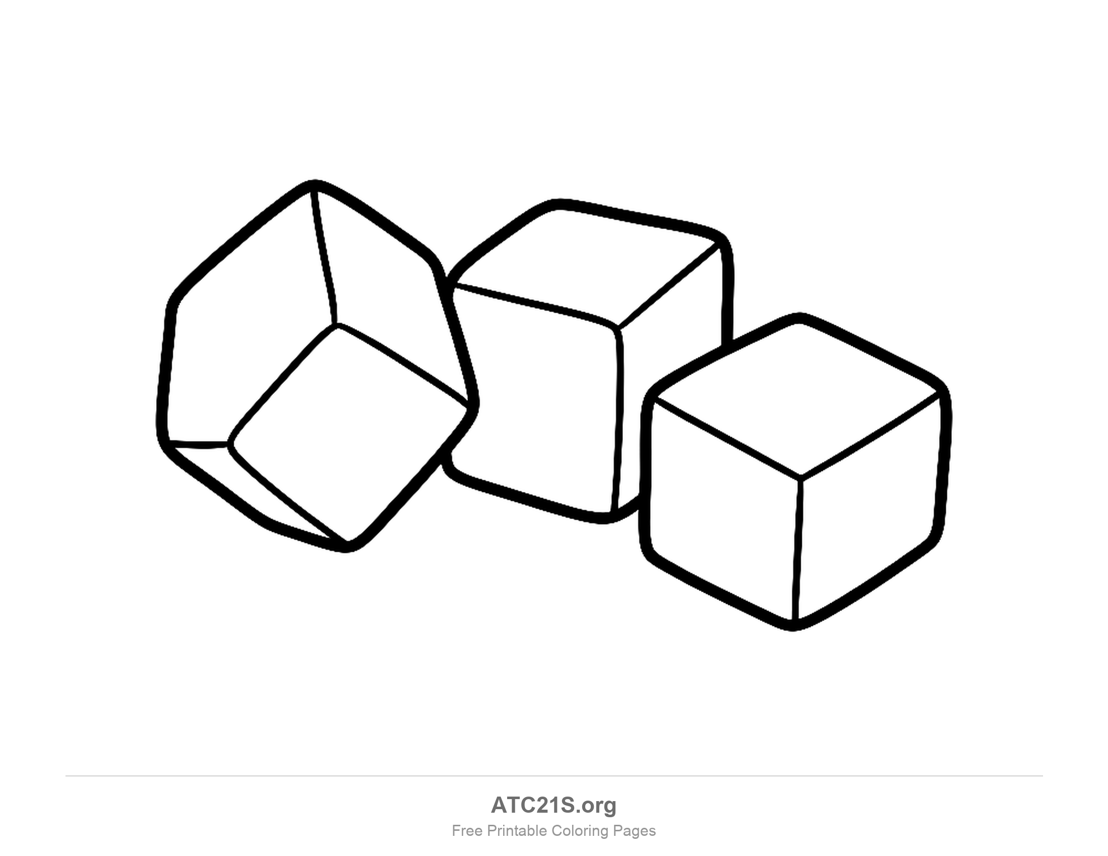 Three thick cubes of cut mango sitting in a row with only their edges drawn, easy coloring page for preschoolers