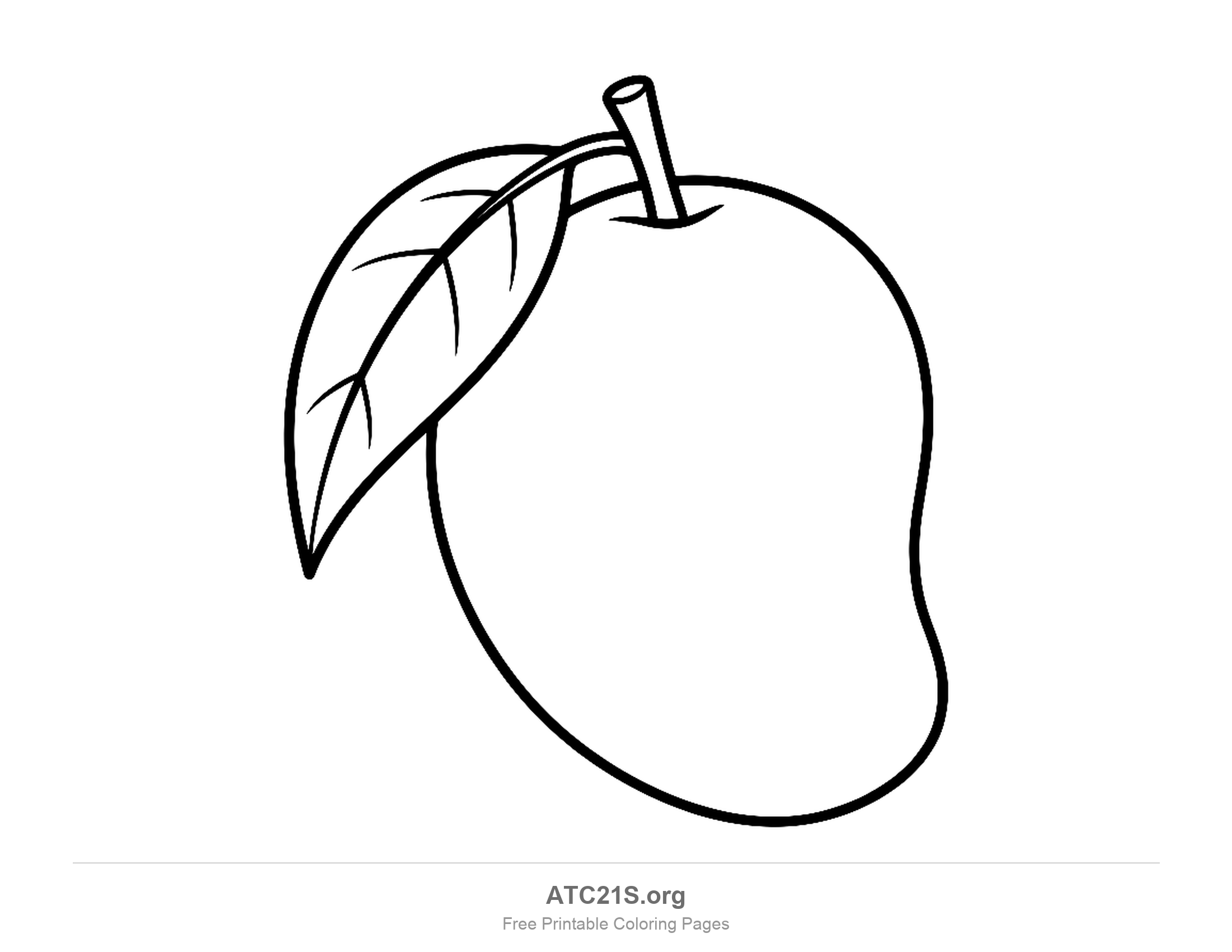 Whole mango in bold outline with a short stalk and a large leaf whose veins run out to the tip, printable coloring page for kids