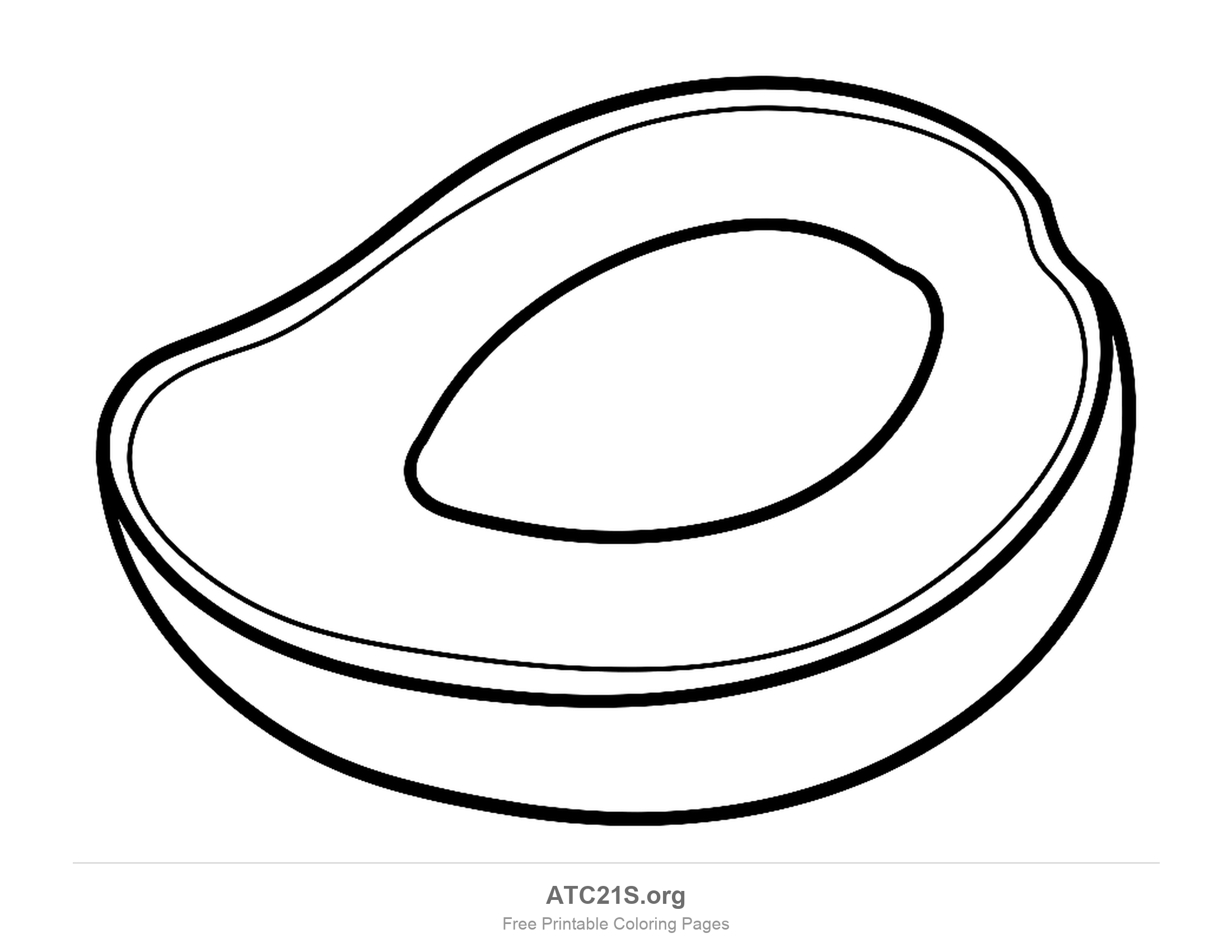 Mango cut in half showing the rim of skin around the flesh and a large oval seed in the middle, coloring page to print