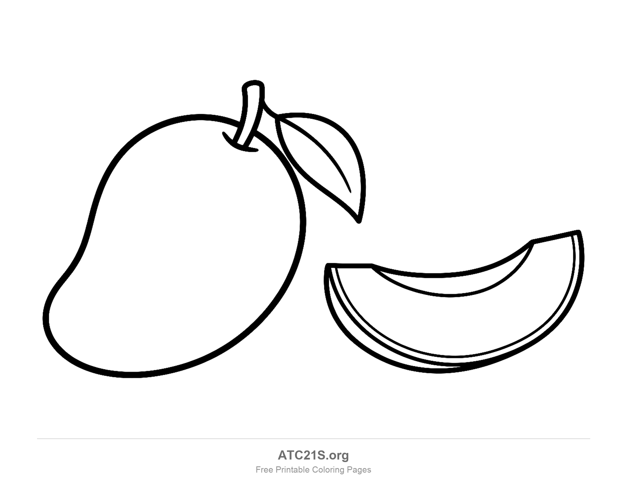 Upright whole mango with a stem and leaf beside a curved cut slice showing its inner edge, coloring page for kids