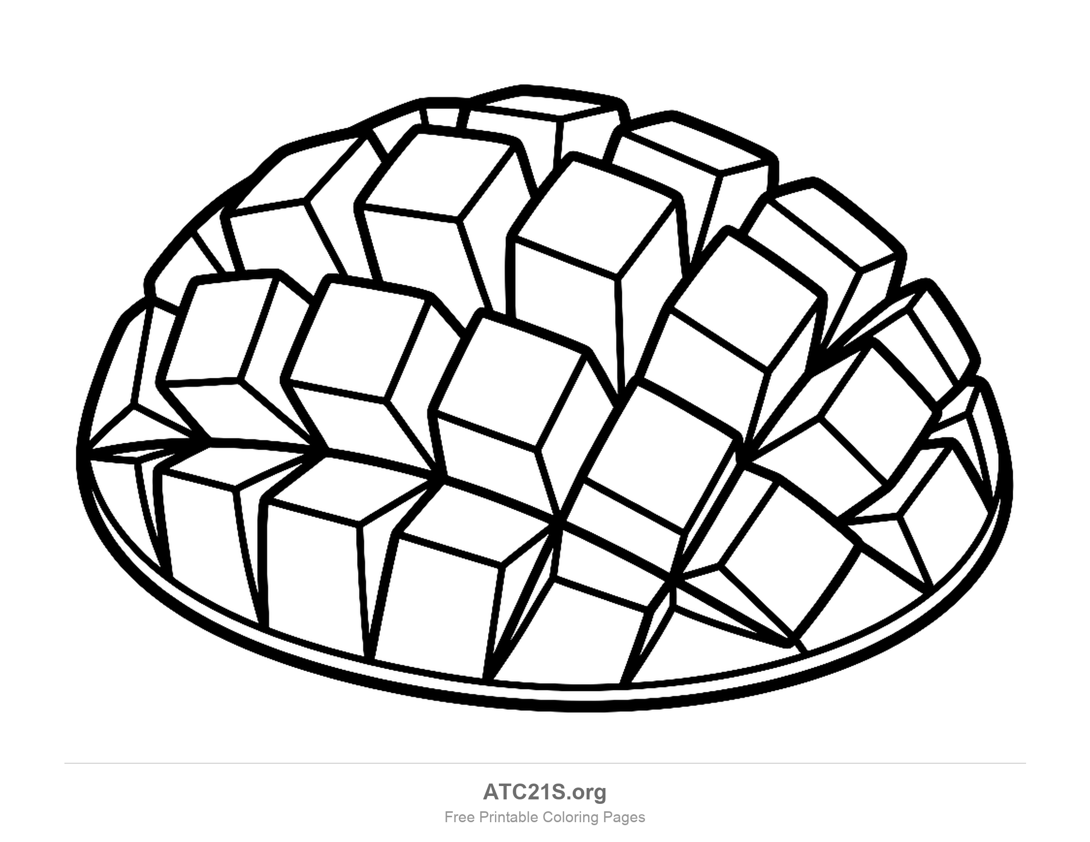 Half a mango in a shallow dish scored hedgehog style into more than twenty cubes pushed up at different angles, finely detailed coloring page