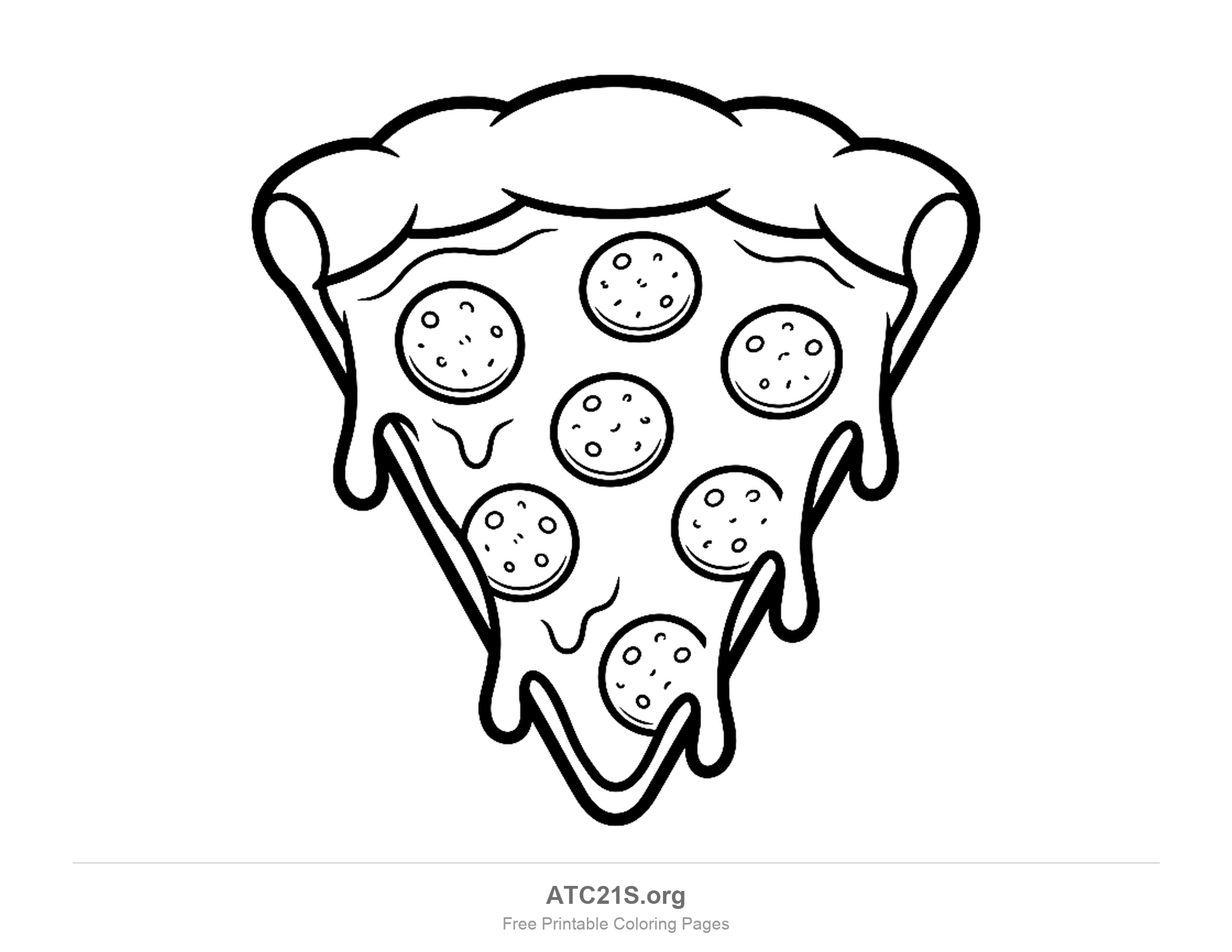 Single triangular pizza slice with a puffy crust, seven round pepperoni and cheese dripping down the sides, simple coloring page for kids