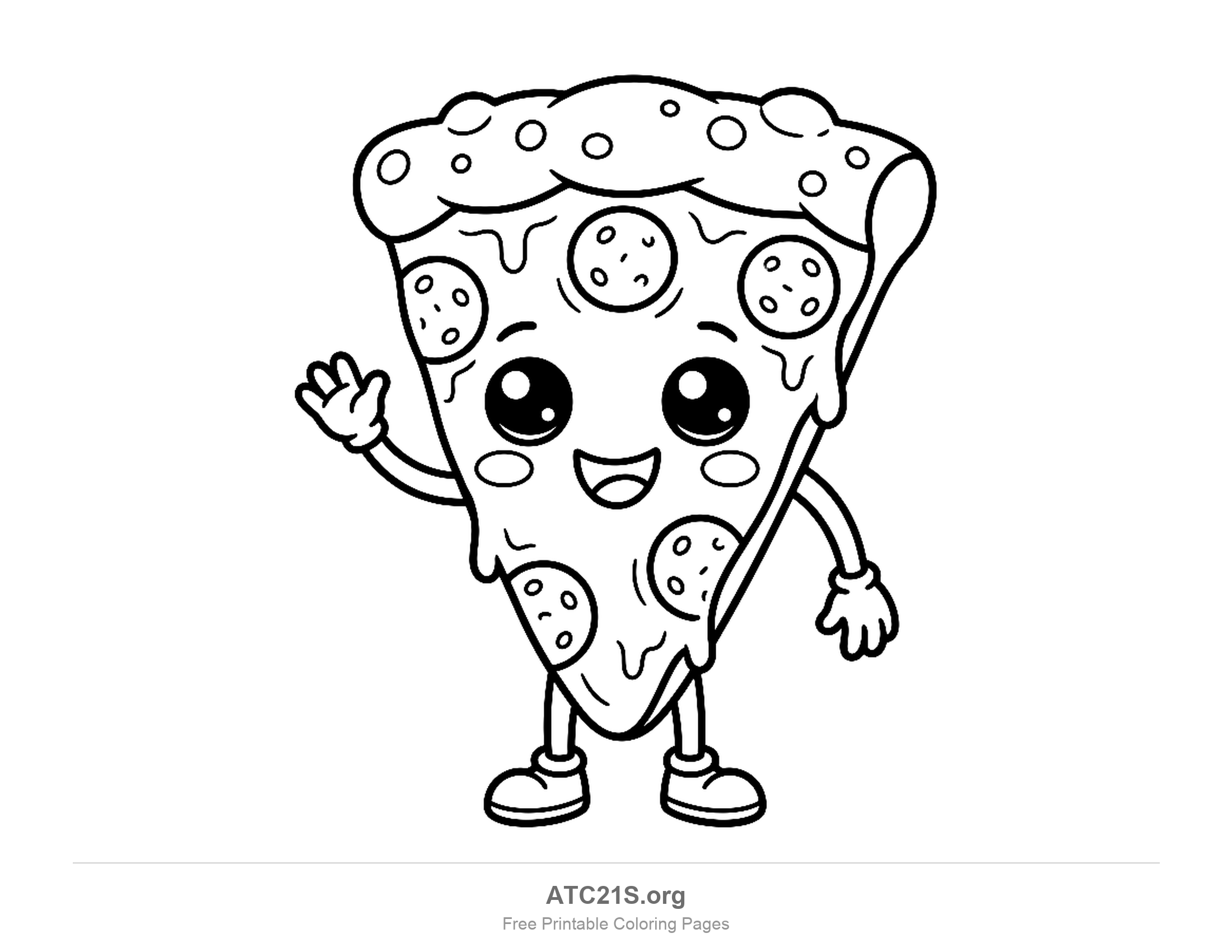 Cartoon pizza slice with big eyes, a wide smile, arms waving and legs in sneakers, cute coloring page for preschoolers