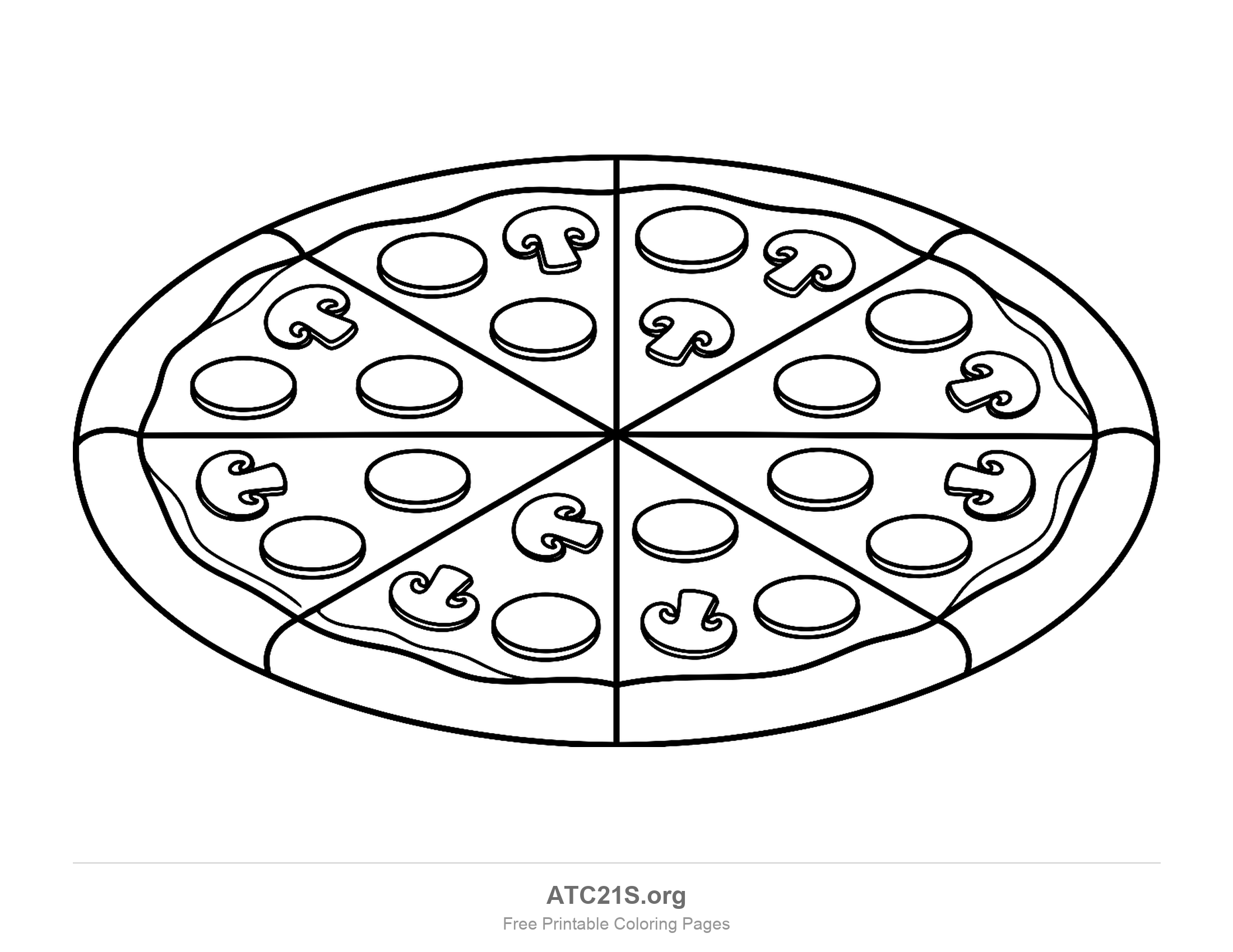 Whole round pizza cut into six equal slices topped with pepperoni rounds and mushrooms, printable coloring page for fraction practice