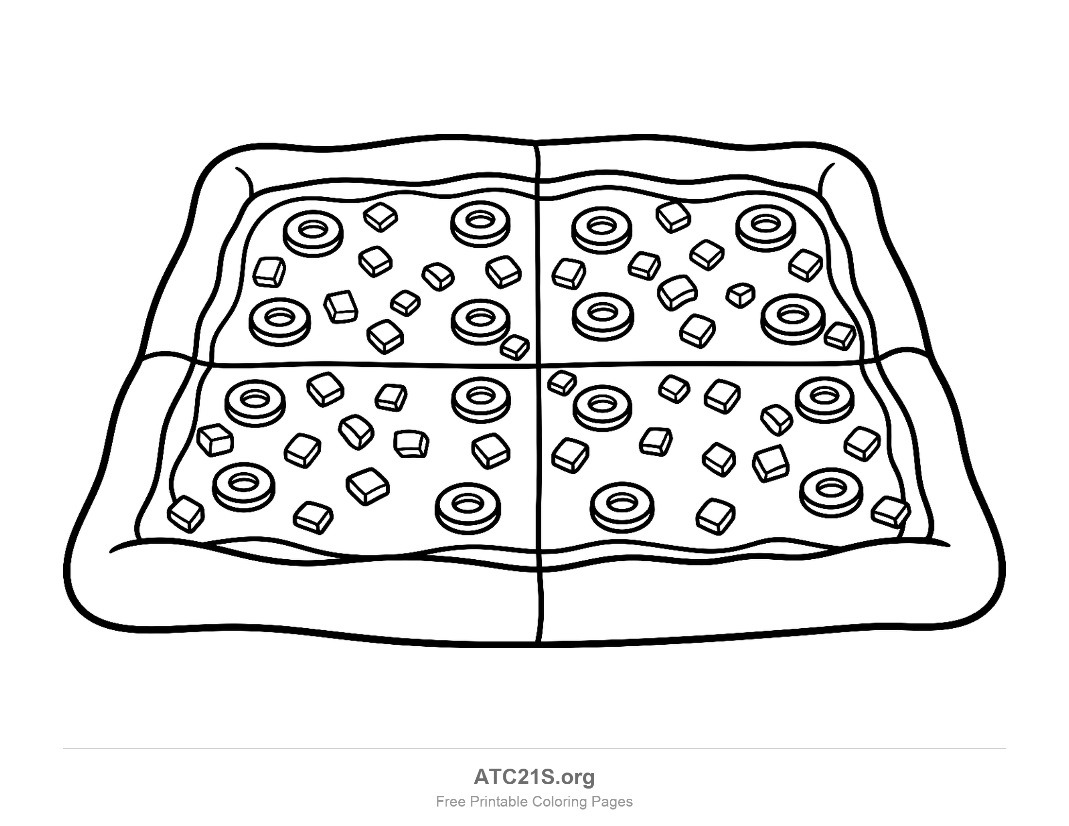 Thick square Sicilian tray pizza cut into four pieces, scattered with onion rings and cubes of cheese, coloring page to print
