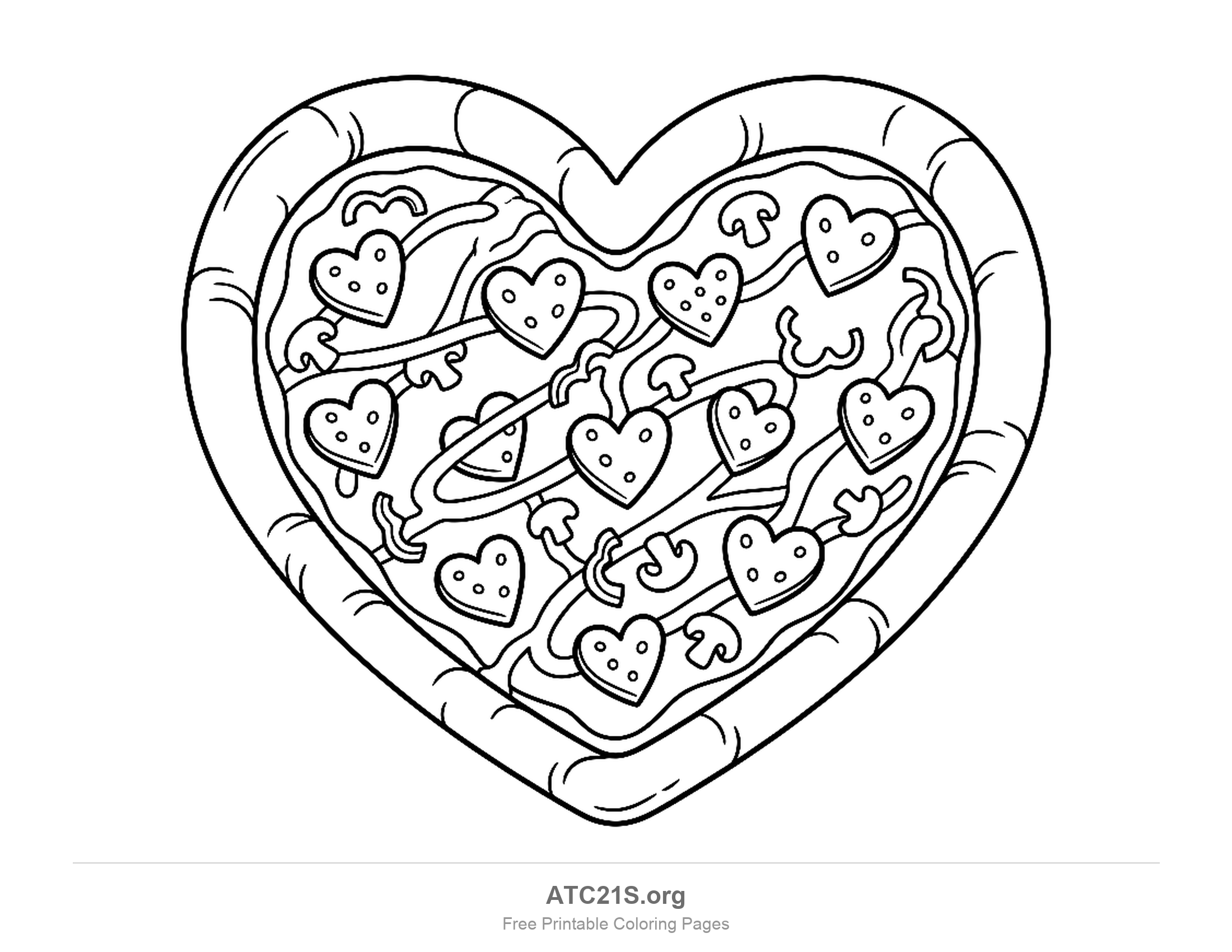 Heart-shaped pizza with a rolled crust, heart-shaped pepperoni, curling pepper strips and small mushrooms, Valentine coloring page for kids