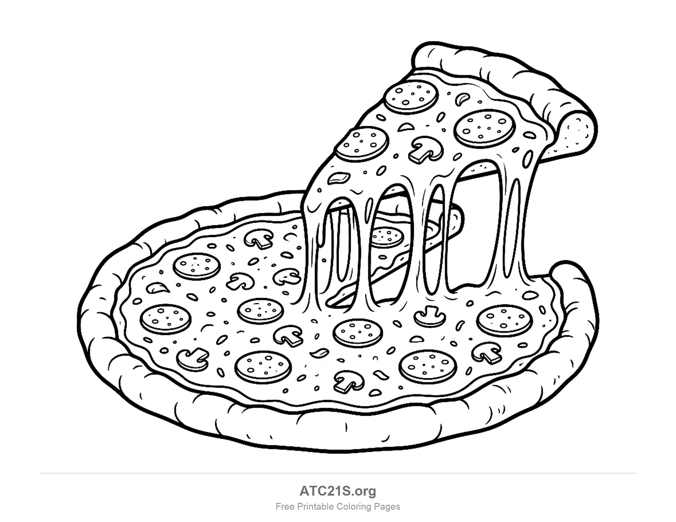 Slice lifting away from a whole pepperoni pizza with long stretchy cheese strands hanging between them, detailed coloring page for older kids