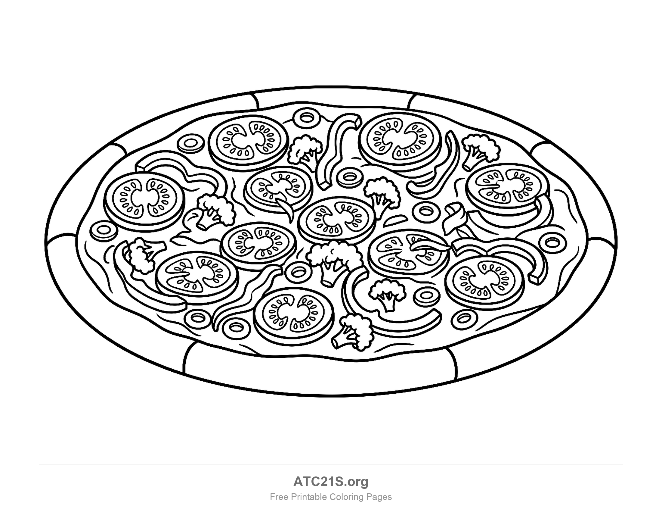 Vegetable pizza covered edge to edge with sliced tomatoes, broccoli florets, onion rings and pepper strips, finely detailed coloring page