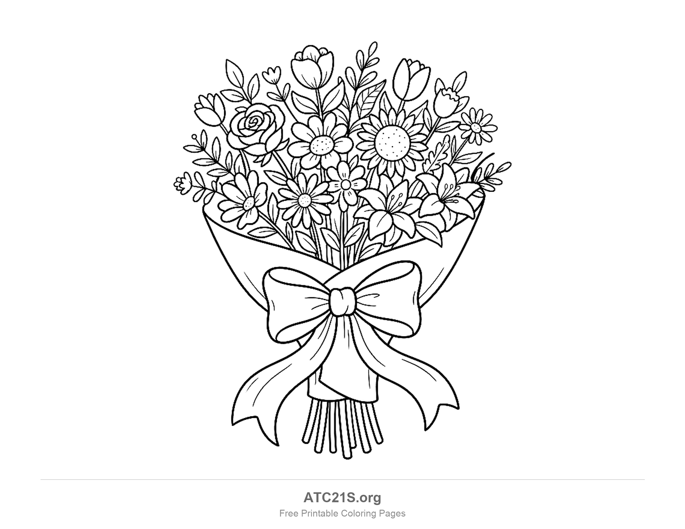 Hand-tied bouquet in a paper cone with a large ribbon bow and hanging tails, holding tulips, a rose, daisies, a sunflower and lilies, stem ends showing below, bouquet coloring page for kids