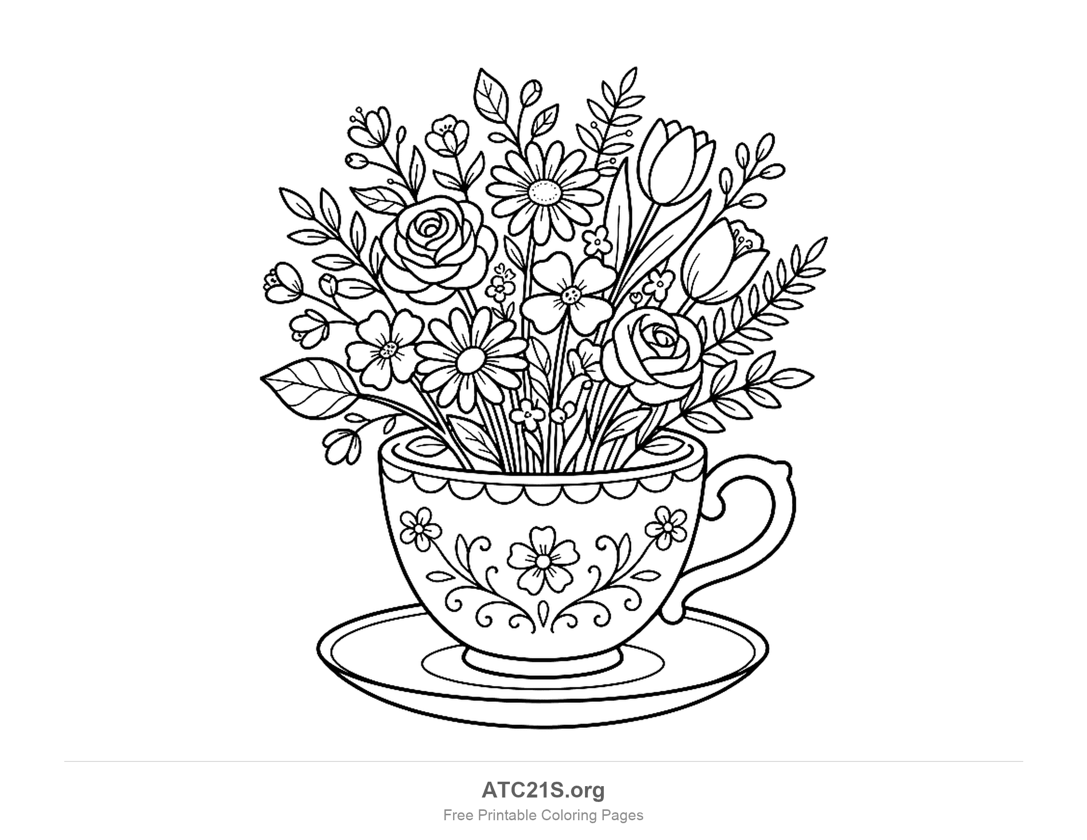 Roses, daisies, tulips and small blossoms arranged in a teacup decorated with flowers and swirls, sitting on a saucer, printable bouquet coloring page