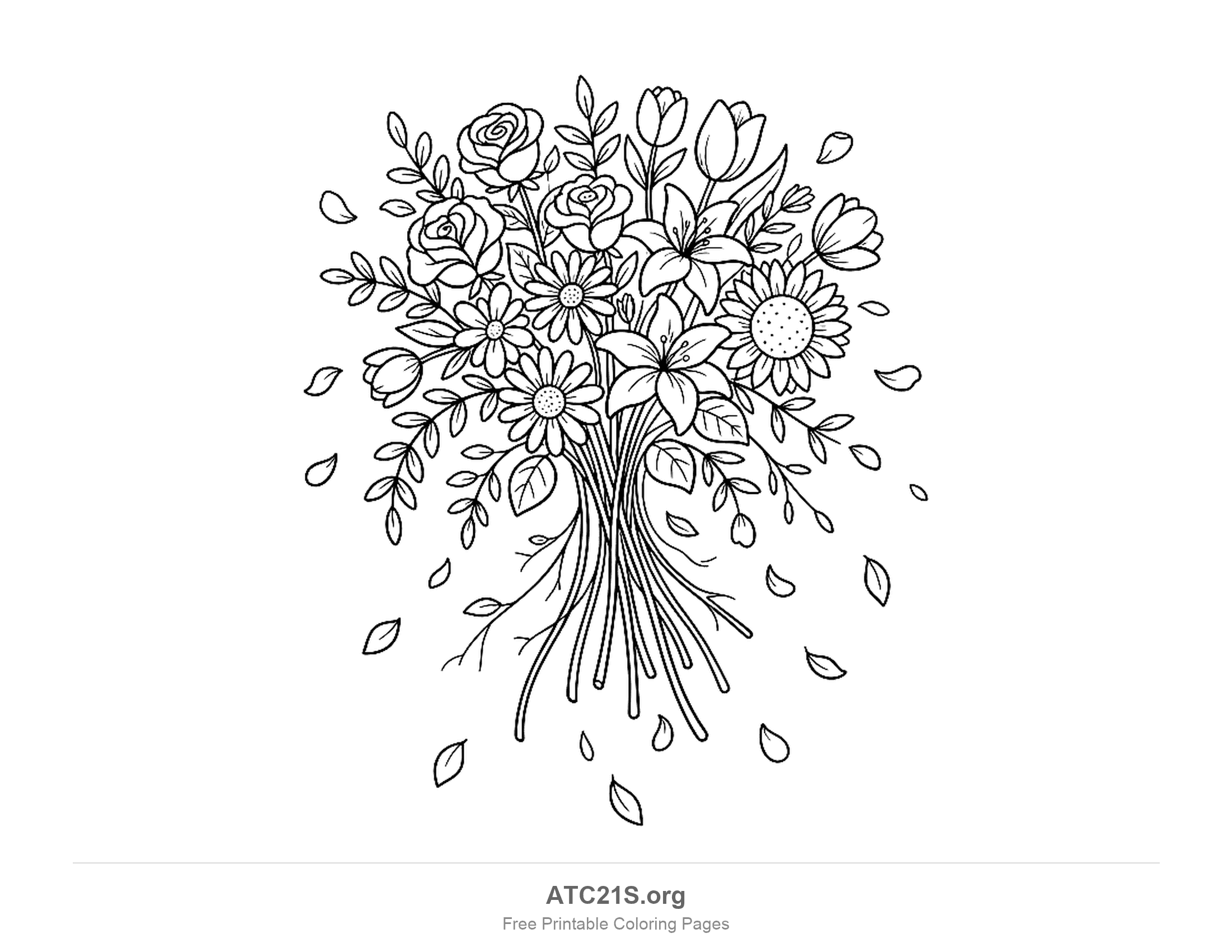 Unwrapped bunch of long stems with roses, tulips, lilies, daisies and a sunflower, leafy sprigs and petals drifting down around it, flower bouquet coloring page