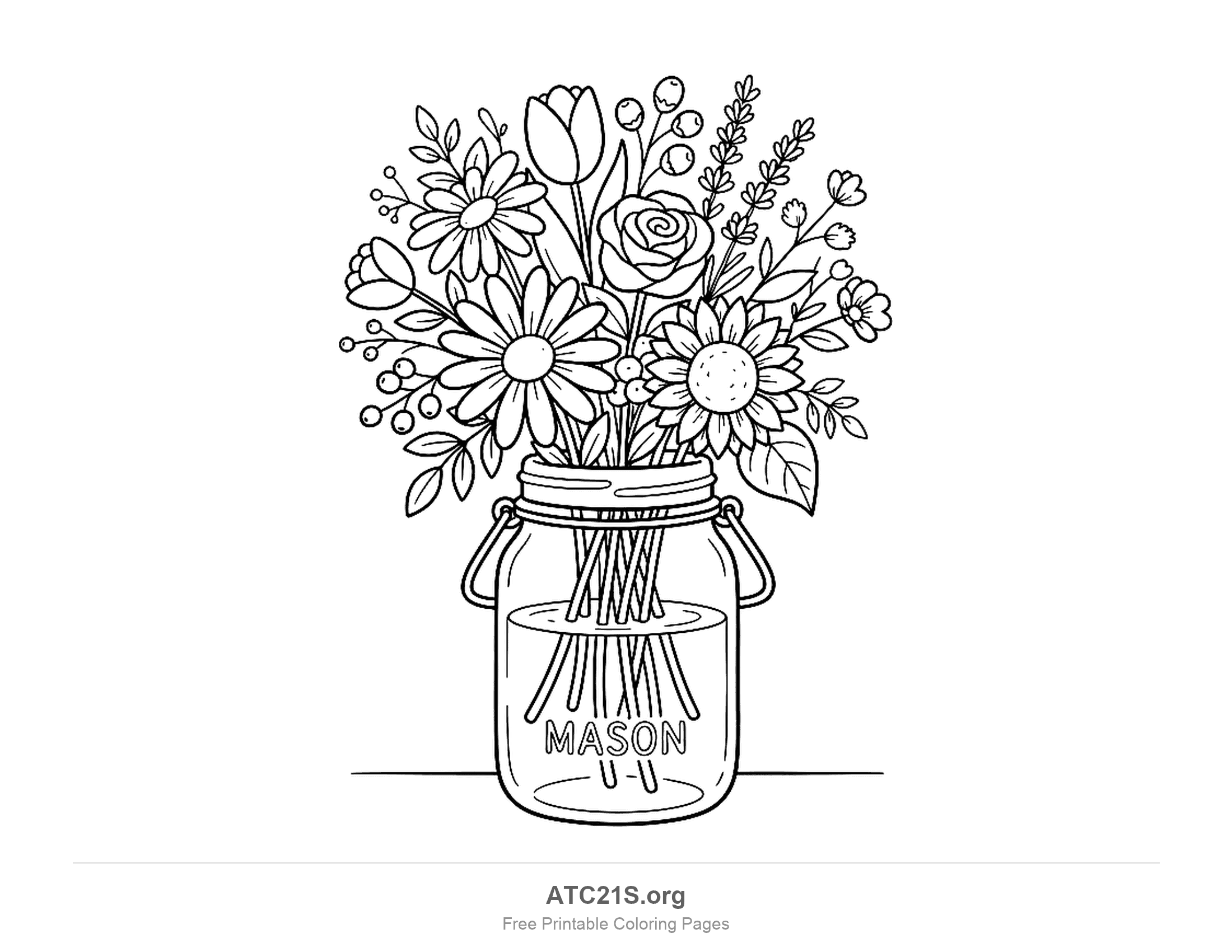 Glass mason jar with a wire handle, half full of water with the stems showing through, holding daisies, a rose, a tulip, a sunflower, lavender and berry sprigs, bouquet coloring page