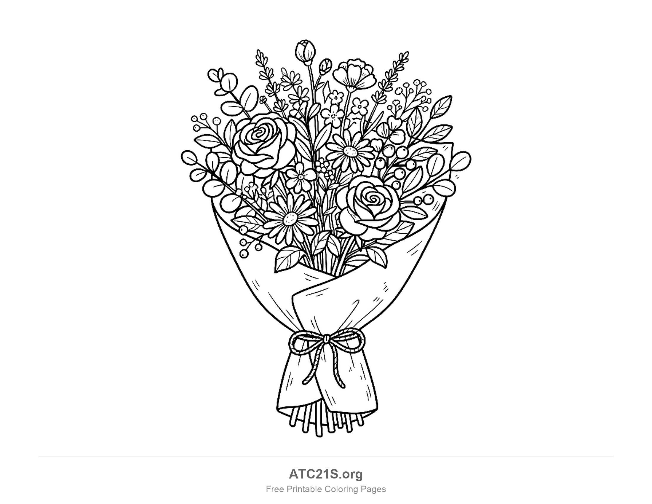 Bouquet wrapped in paper and tied with a twine bow, with two roses, daisies, round eucalyptus-style leaves, berries, lavender sprigs and baby's breath, detailed coloring page