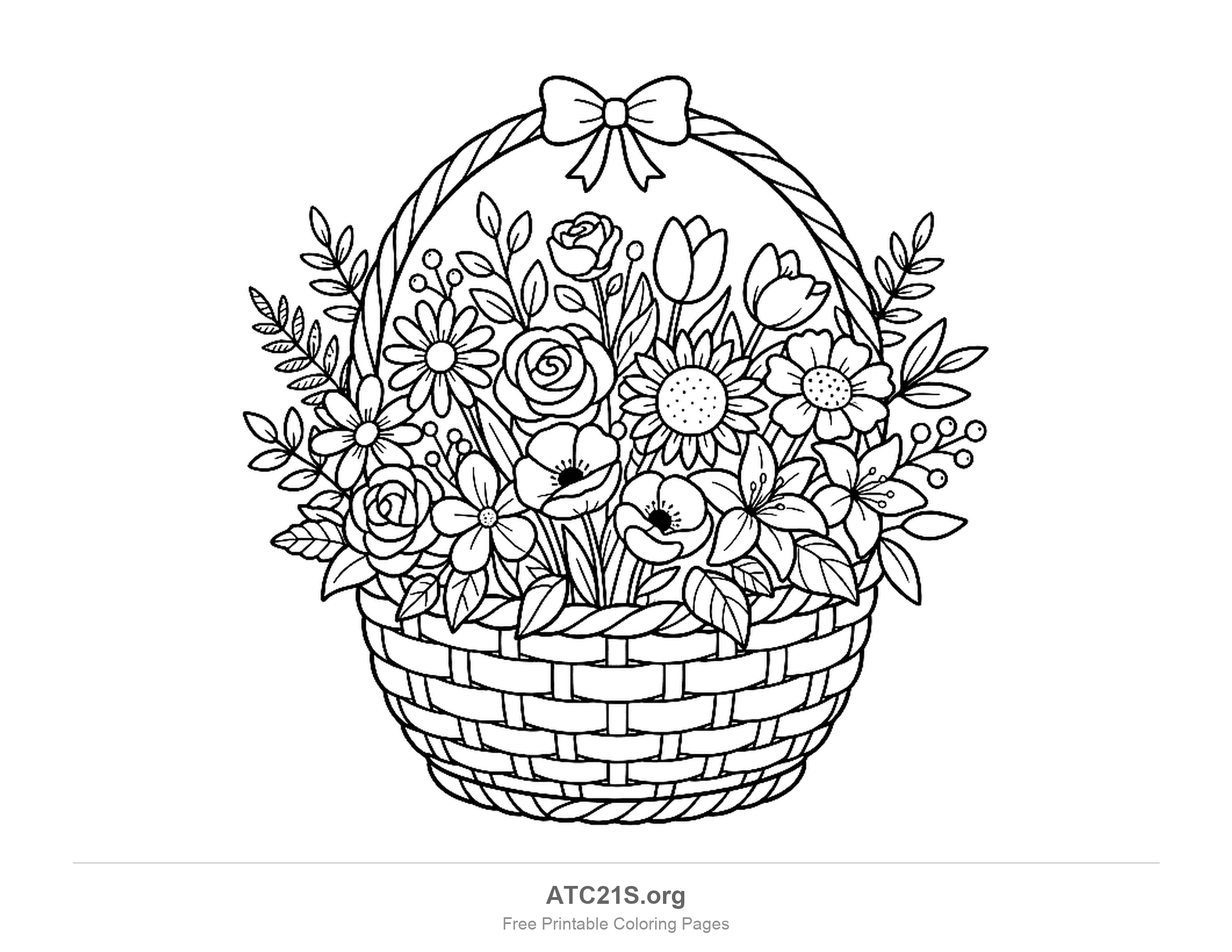 Woven basket with a twisted handle and a bow on top, filled with poppies, roses, a sunflower, tulips, lilies and daisies, detailed flower basket coloring page