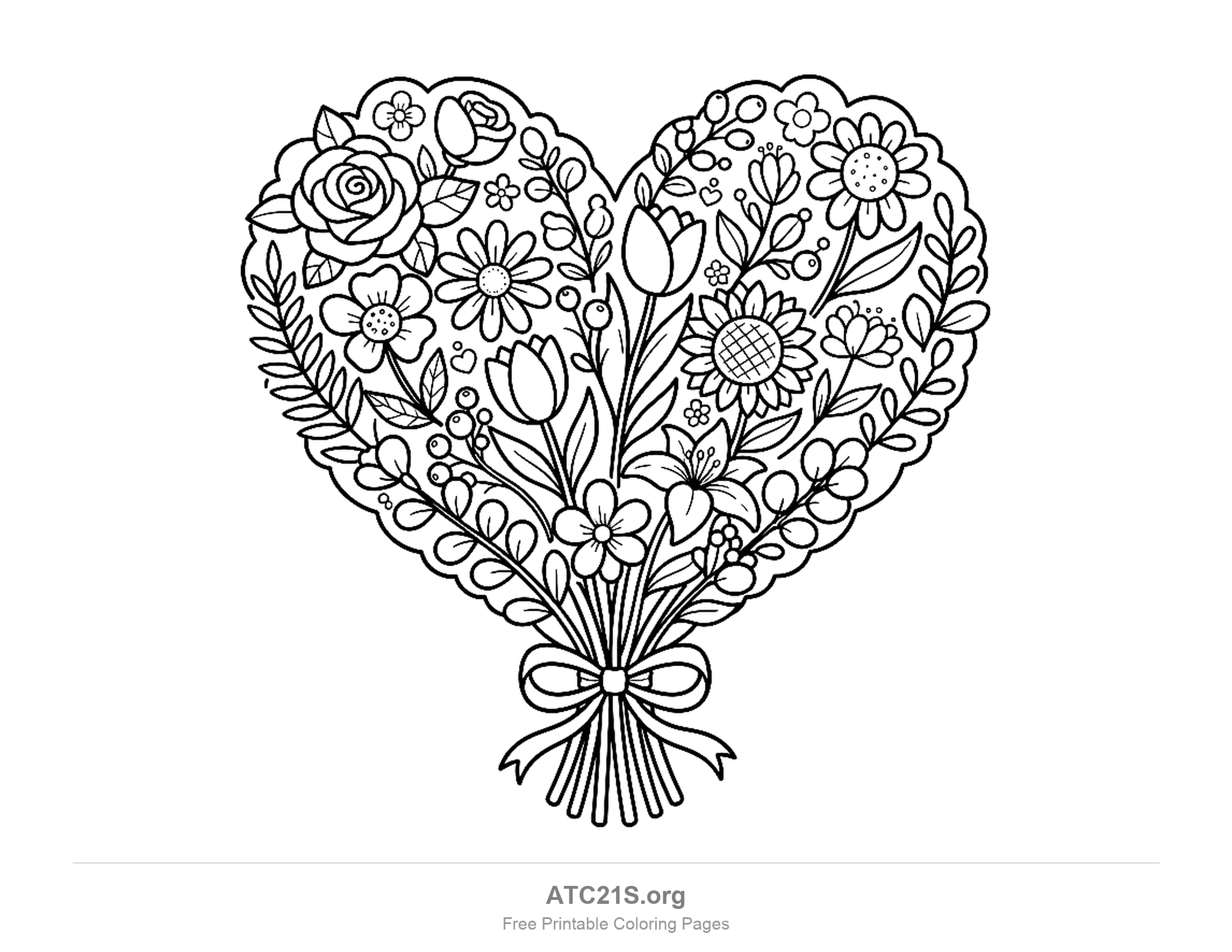 Heart-shaped bouquet with a scalloped edge and a ribbon round the stems, packed with a rose, tulips, a sunflower, a lily, daisies, berries and tiny hearts, detailed coloring page for older kids