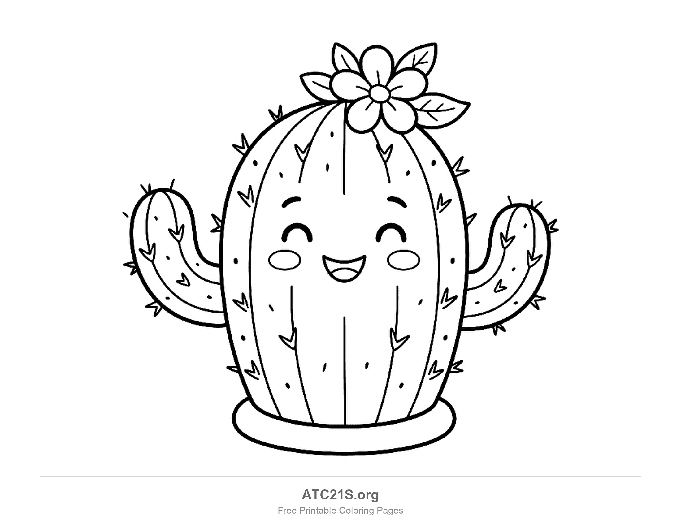 Tall laughing cactus with closed happy eyes, rosy cheeks, two short arms raised and a five-petal flower on its head, cute cactus coloring page for preschoolers