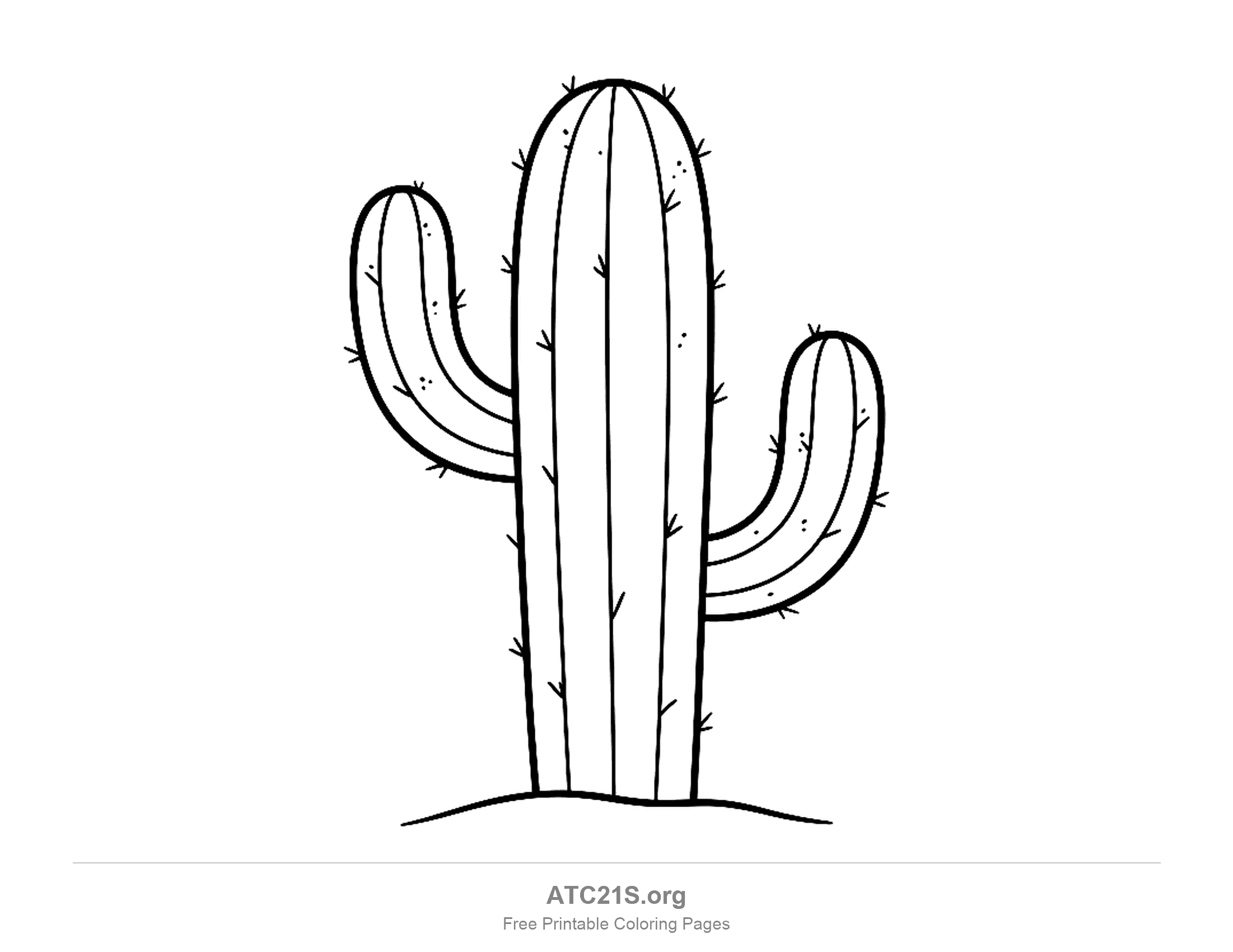 Saguaro cactus with two upturned arms, a few rib lines and small spines along the edges, standing on a low line of desert sand, simple cactus coloring page for kids