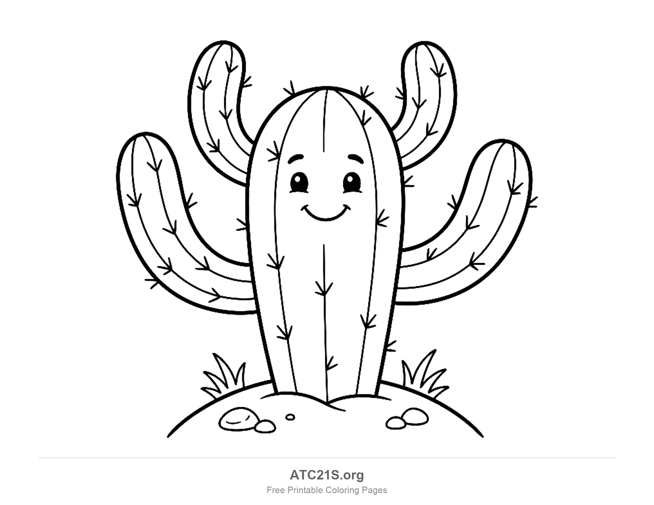 Smiling cactus waving four arms, with spines along its stripes, on a rounded hill with grass tufts and pebbles, cartoon cactus coloring page