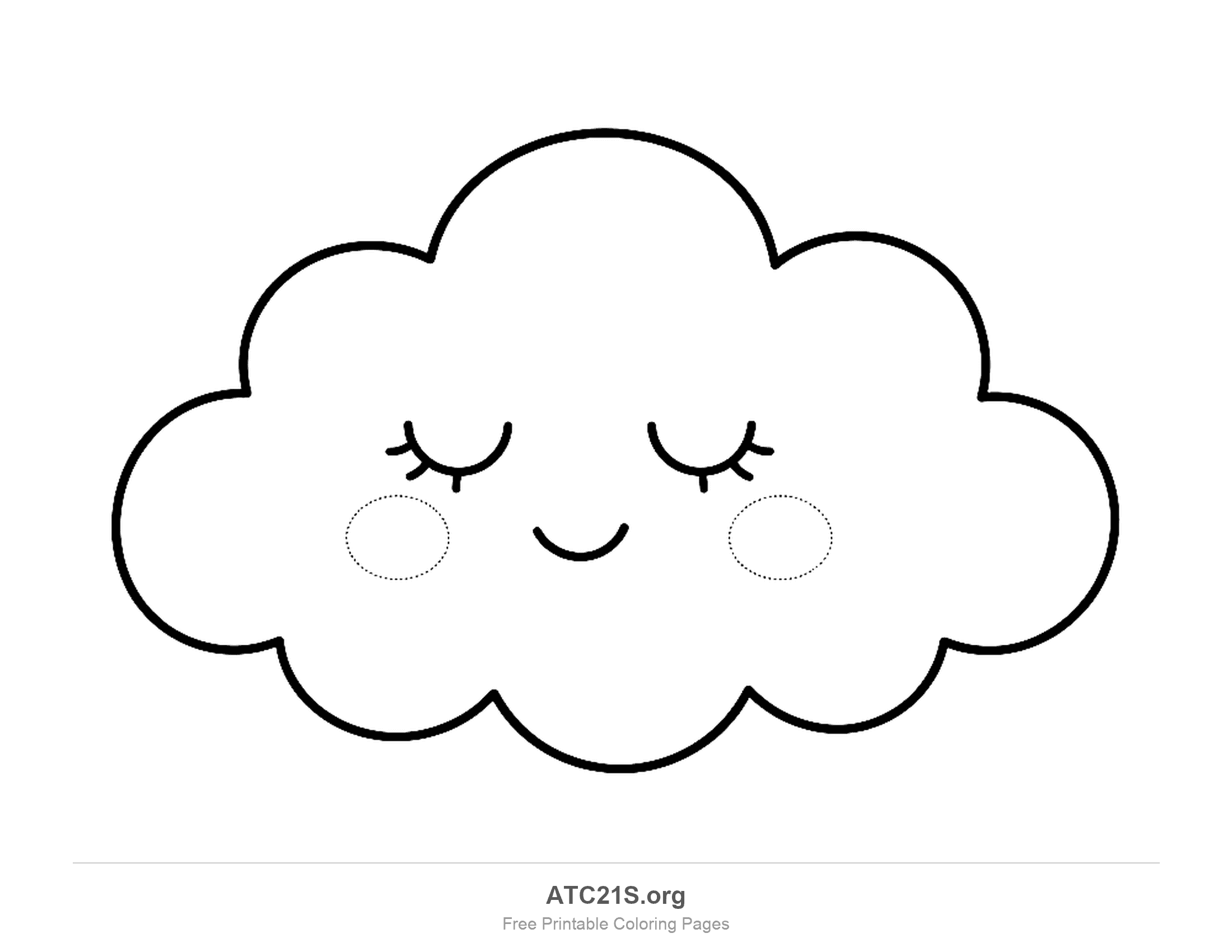 Sleepy cloud with closed eyes and long lashes, a gentle smile and dotted circles for rosy cheeks, simple cloud coloring page for preschoolers