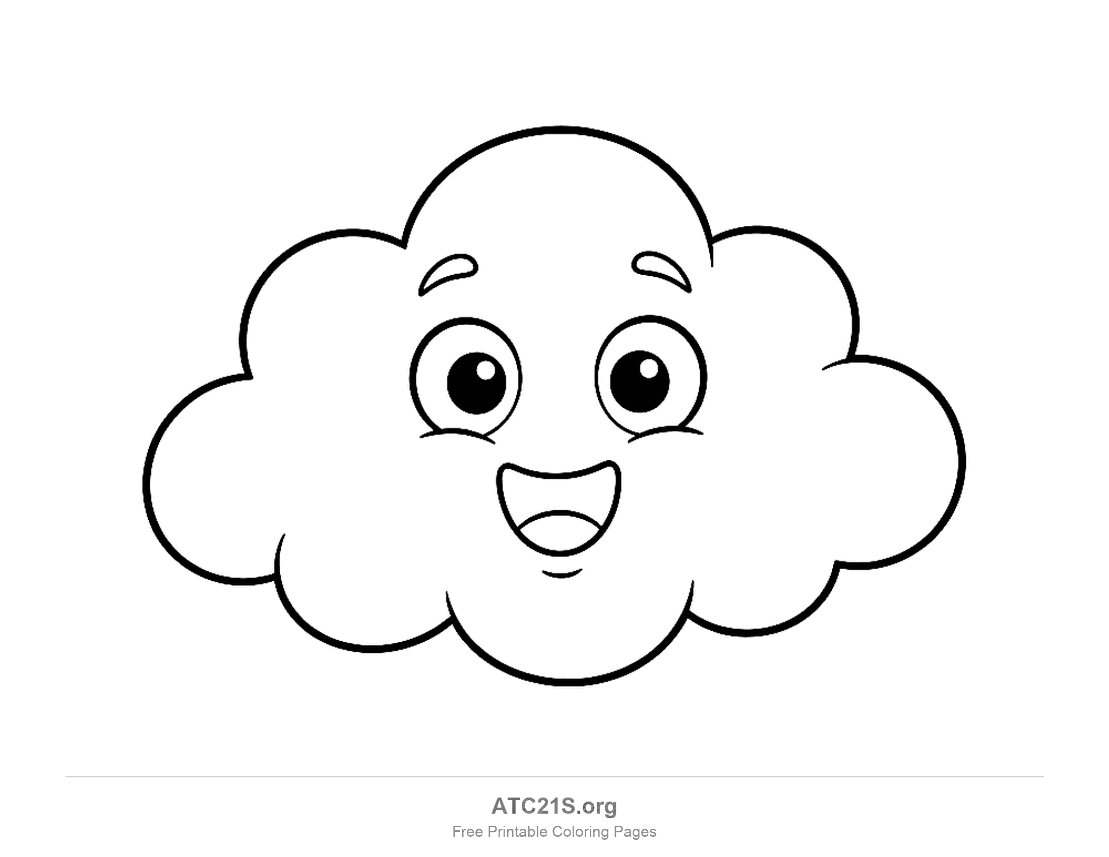 Happy cloud with big round eyes, raised eyebrows and a wide open-mouthed grin, its bottom edge made of rounded puffs, cloud coloring page for kids