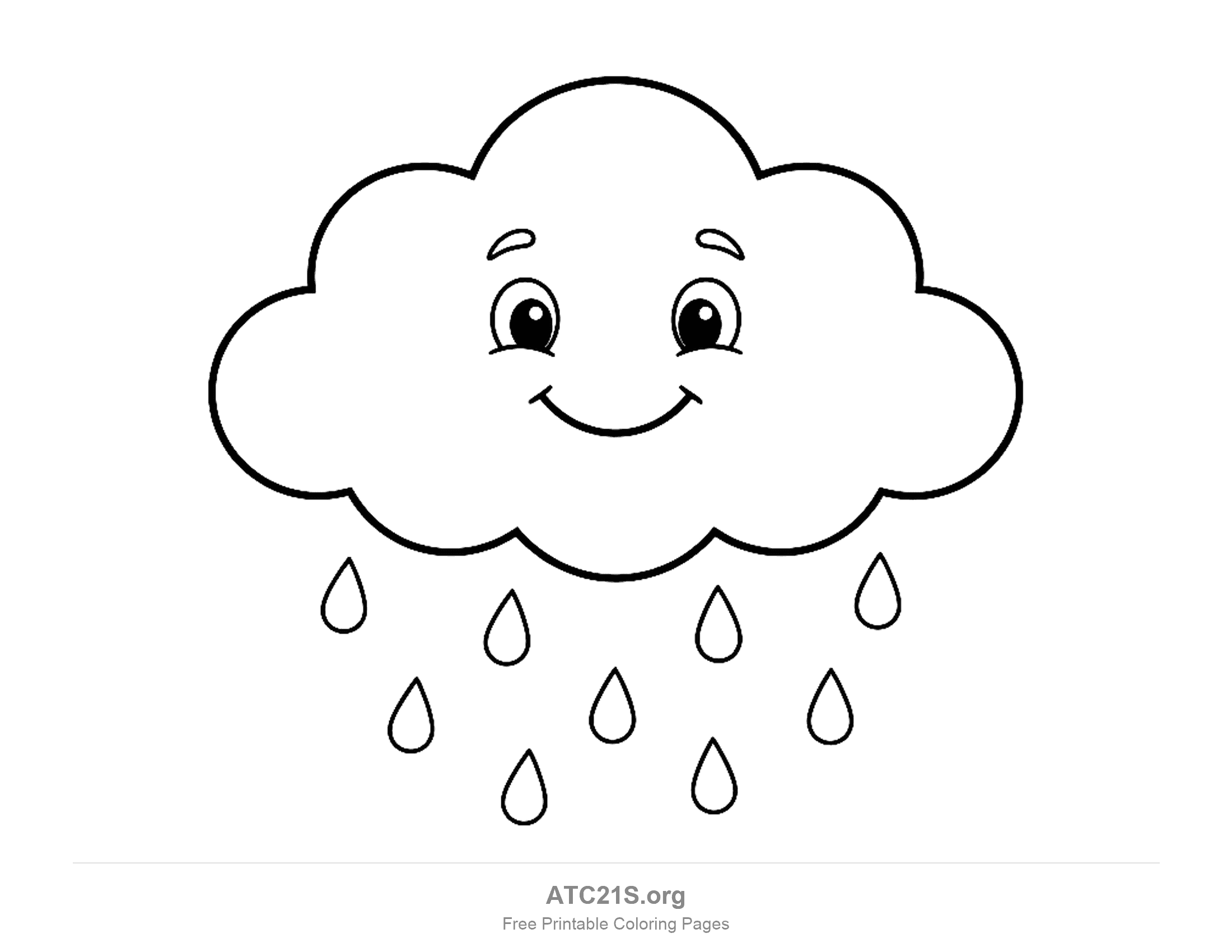 Smiling rain cloud with round eyes and eyebrows and nine teardrop-shaped raindrops falling below it in staggered rows, weather coloring page