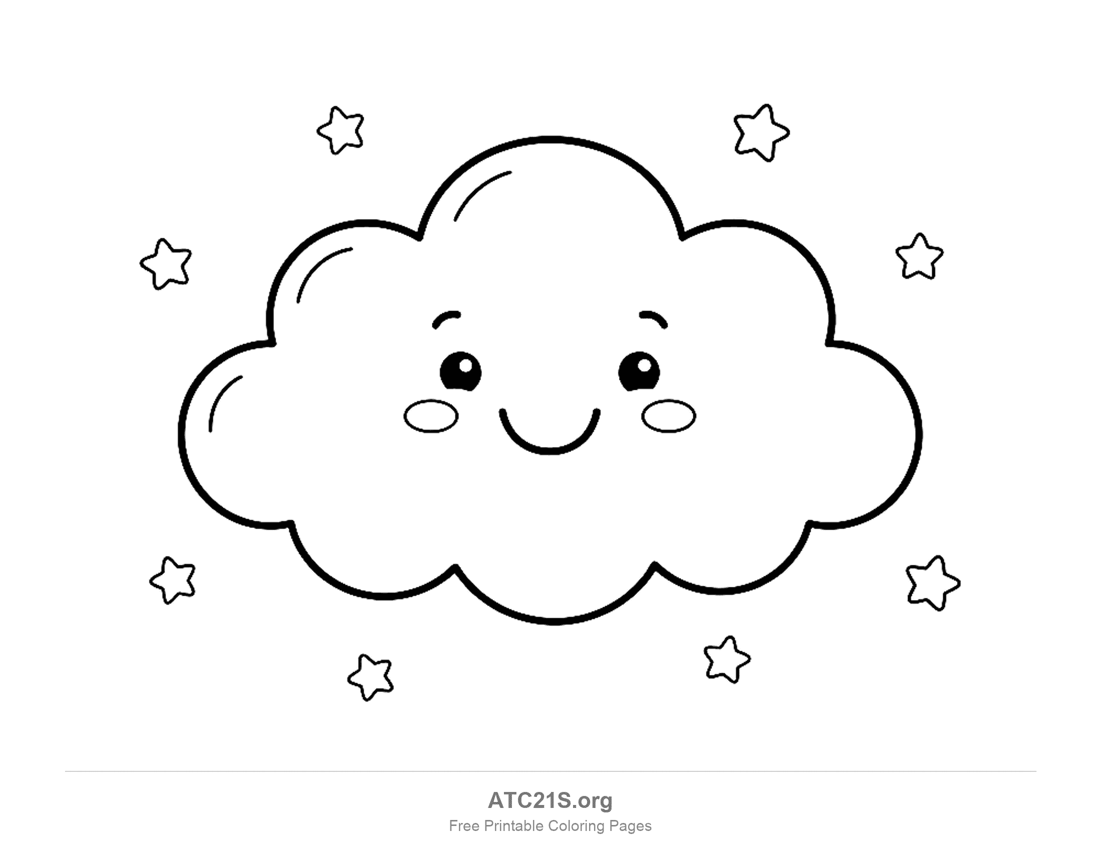 Smiling cloud with oval rosy cheeks and little shine lines on its puffs, surrounded by eight small stars, night sky cloud coloring page