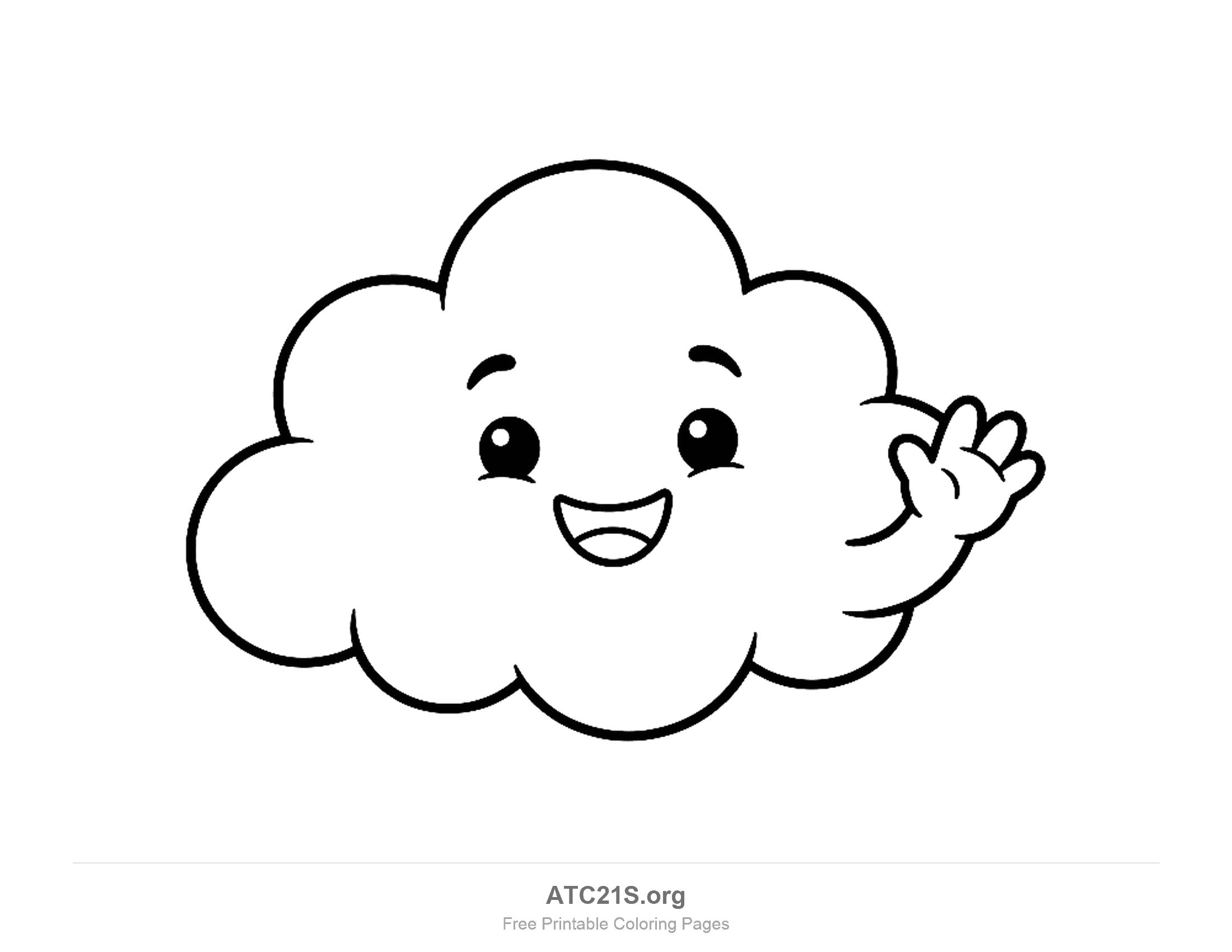 Laughing cartoon cloud with raised eyebrows and an open smile, reaching out one arm to wave a cartoon hand, cloud coloring page to print